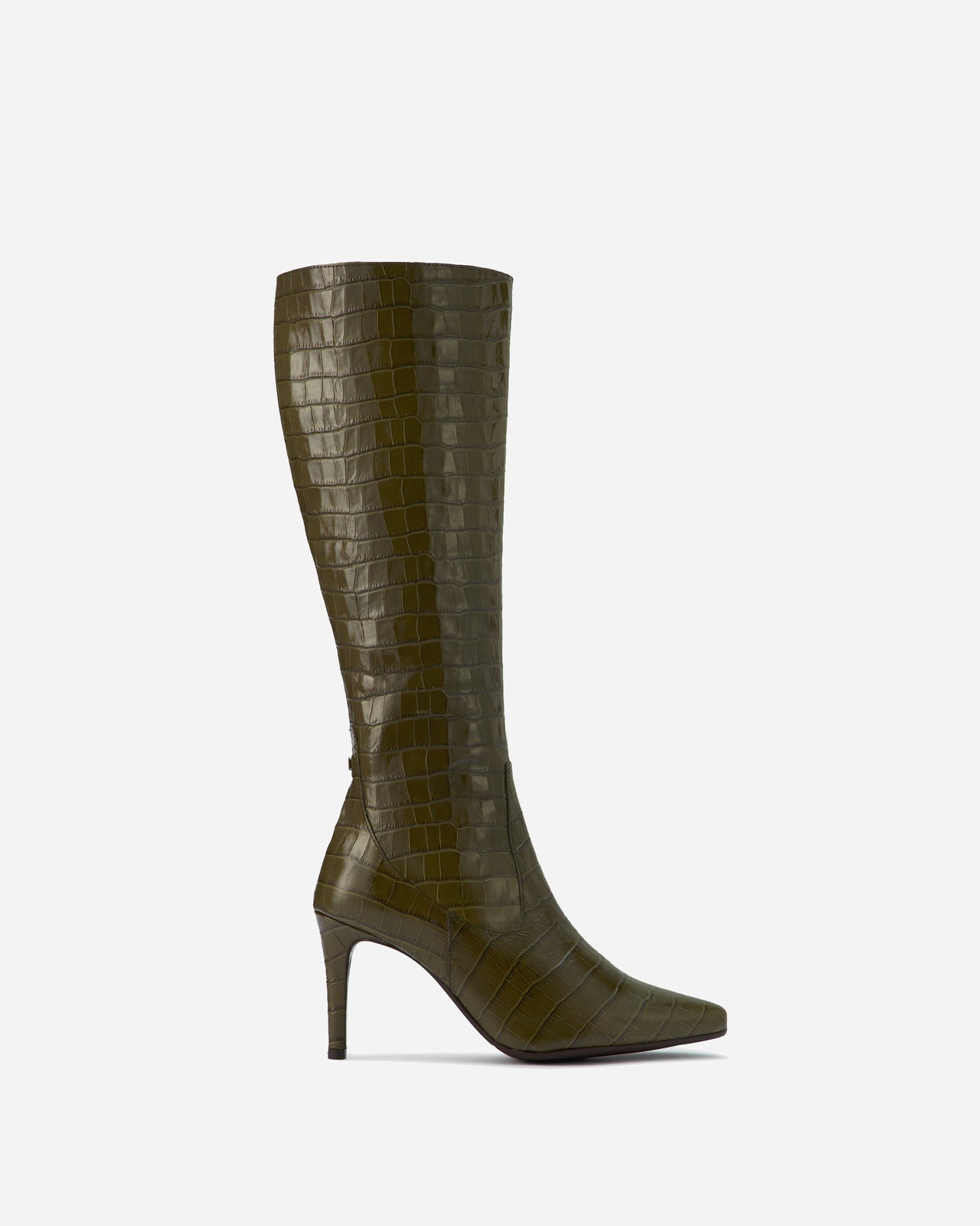 knee high leather croc stiletto heeled boots