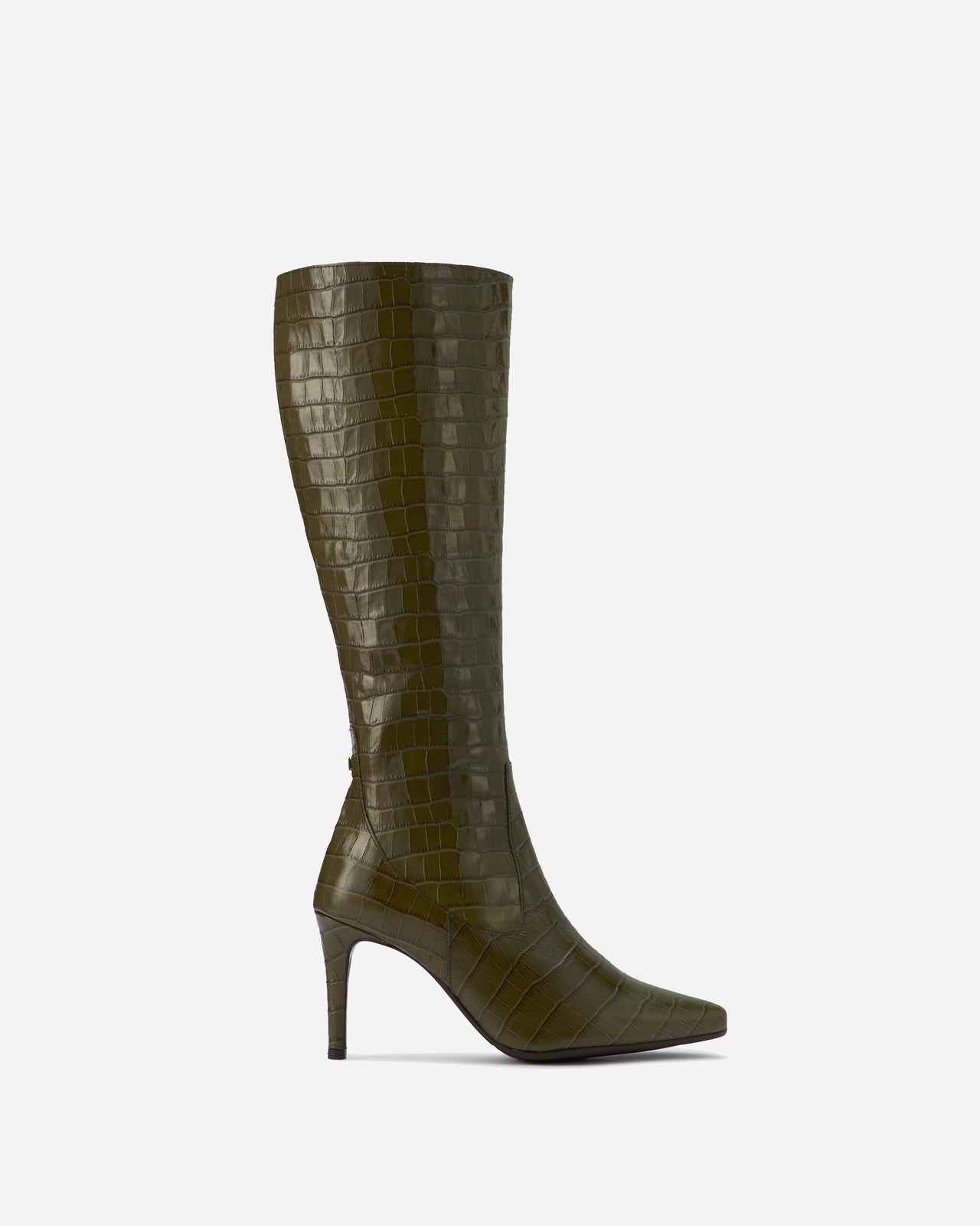 Stiletto Green Chunky Heel Boots Freya Knee High Boots In Green Croc