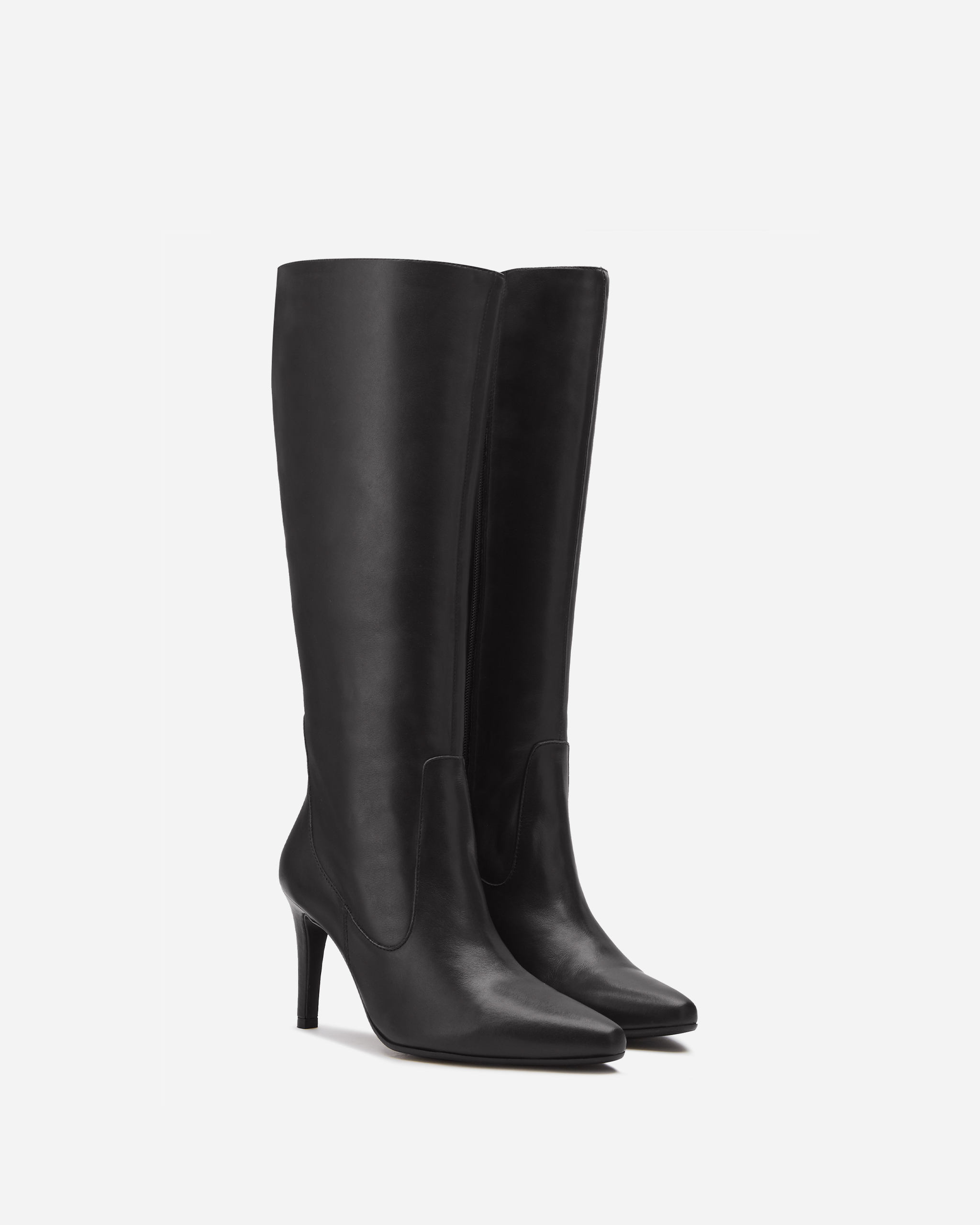 knee high black leather stiletto heel boot