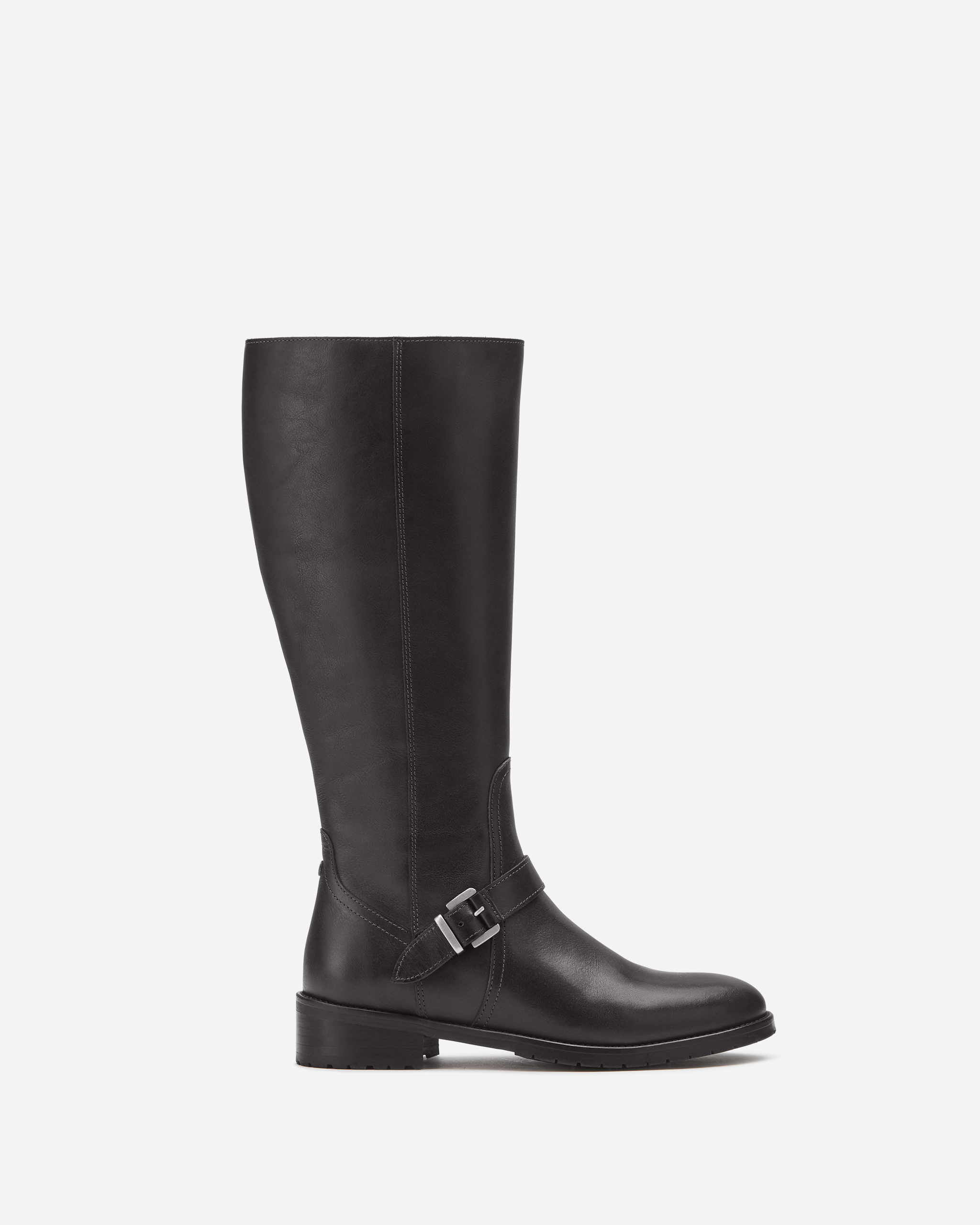Charlotte Black Leather Knee High Flat Boots With Brass Buckle DuoBoots