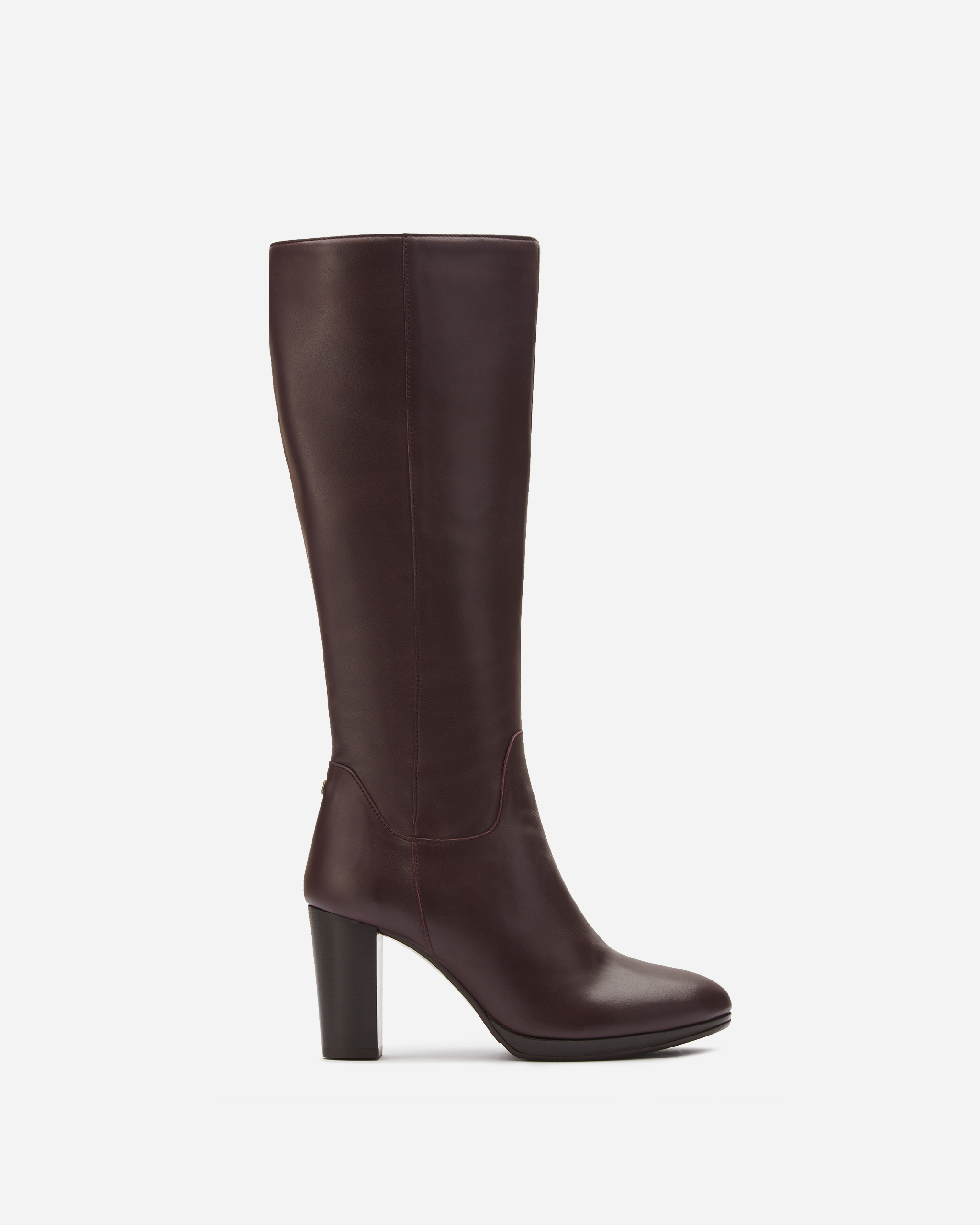 knee high wide calf burgundy heeled boot