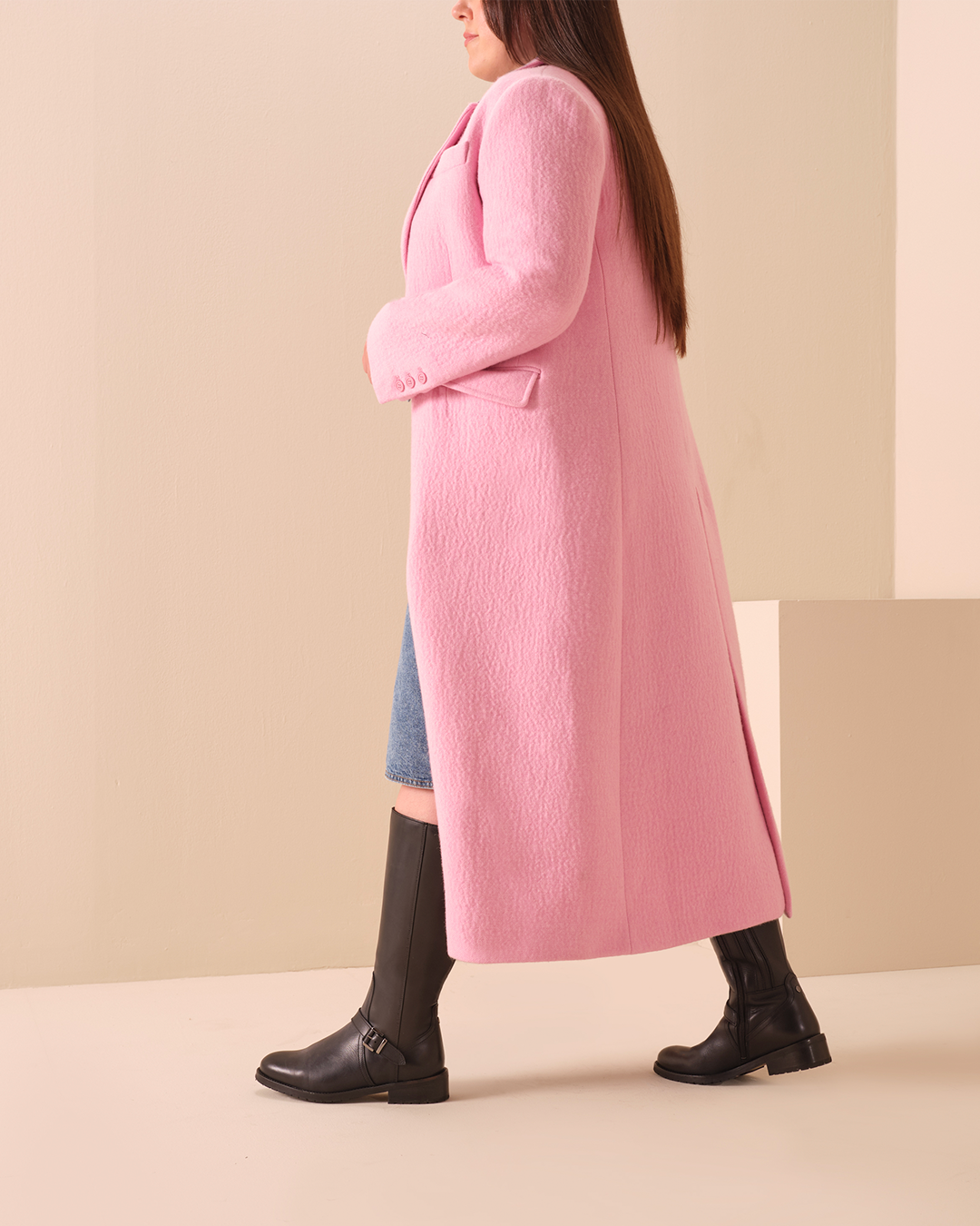 Woman Wearing Pink Coat Styled With Charlotte Black Leather Knee High Flat Boots DuoBoots