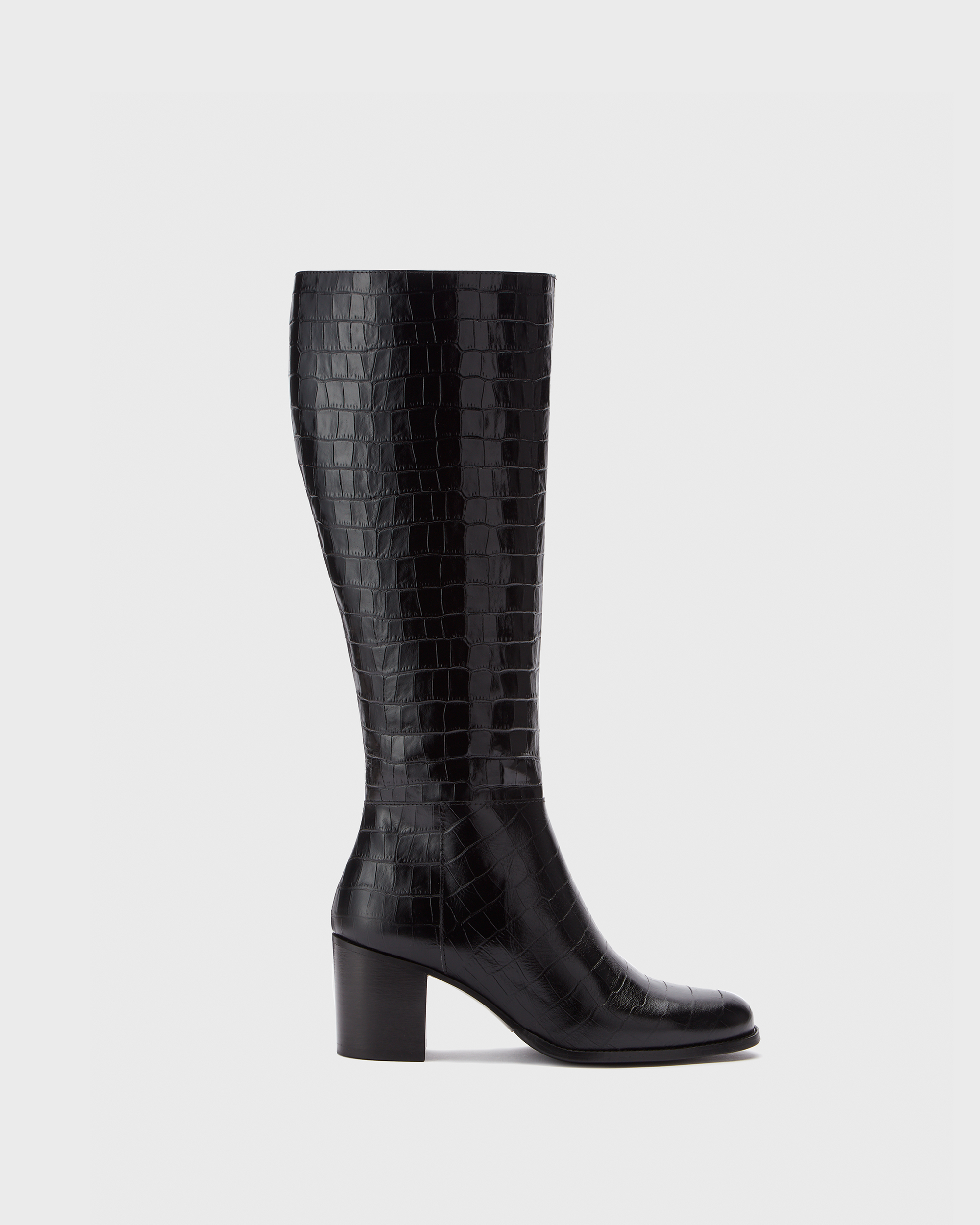 Dalia Petite Black Croc Knee High Block Heel Boots | DuoBoots