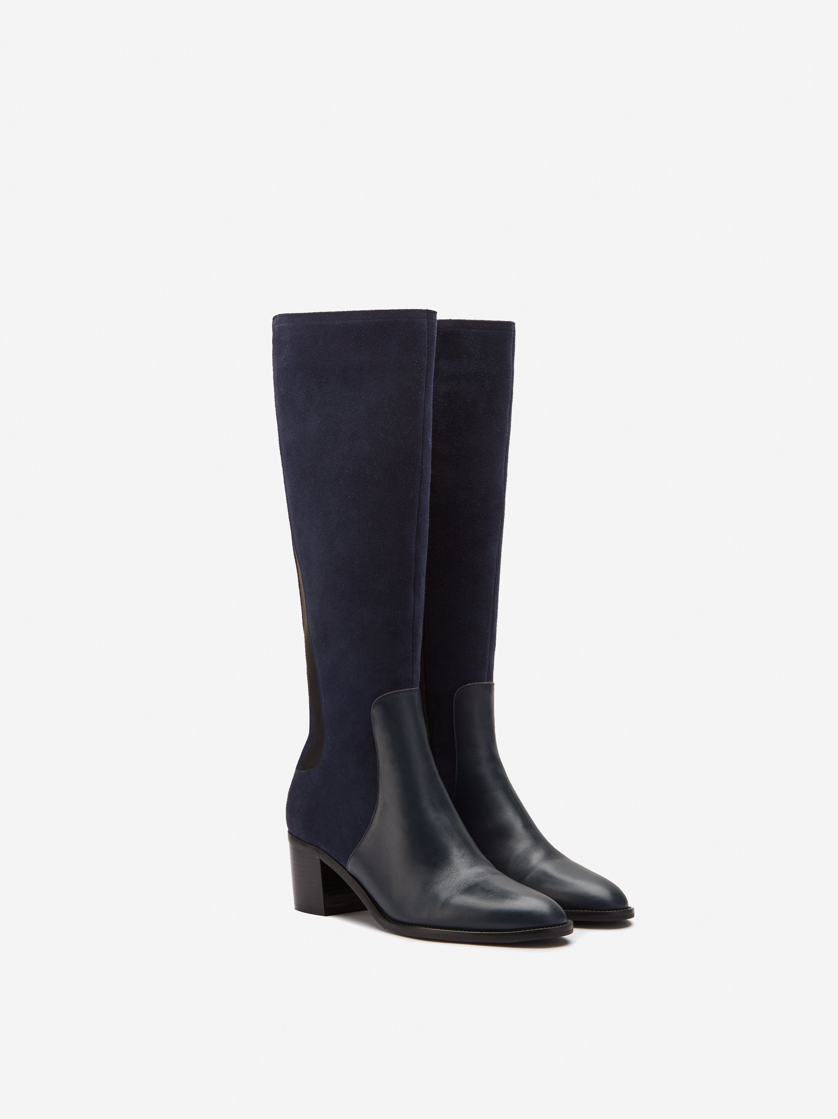 Hestia Everyday Navy Suede Knee High Heeled Boots With Lyrca Stretch Panel DuoBoots