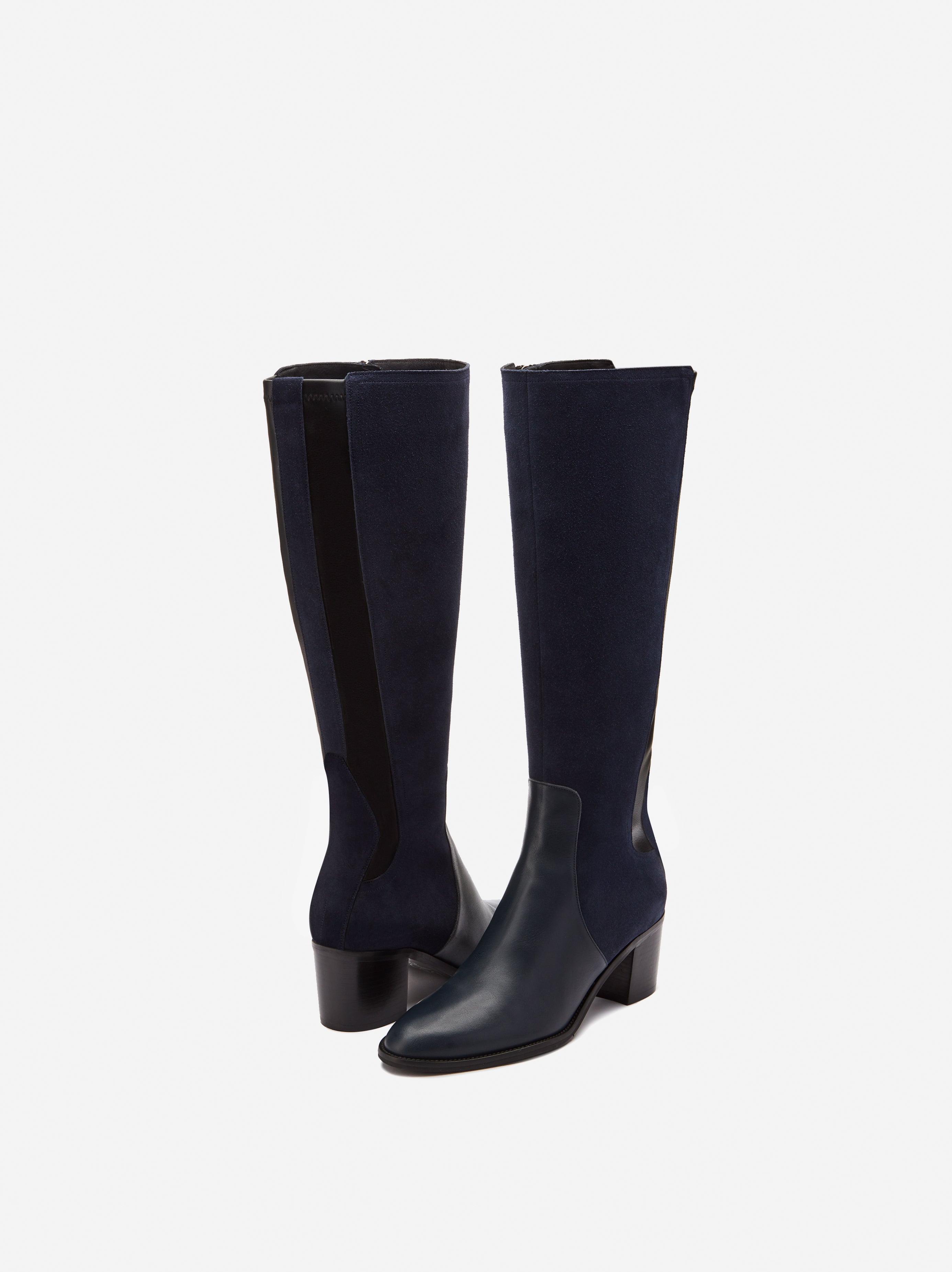 Hestia Split Navy Suede Knee High Stacked Heel Boots DuoBoots