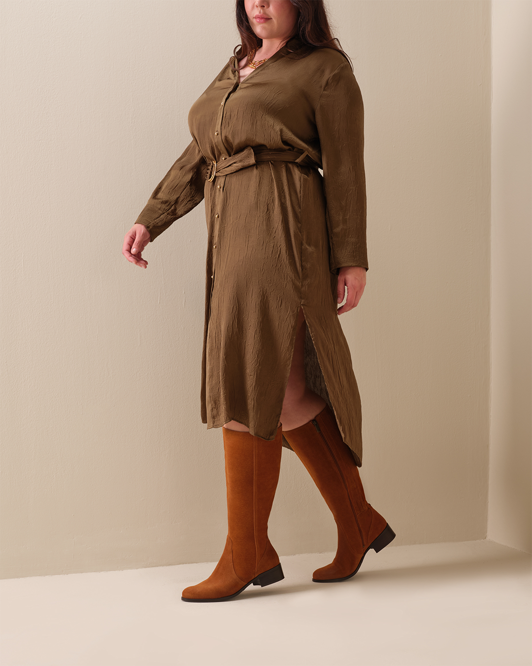 Woman In A Green Dress Wearing Haltham Knee High Split Tan Suede Boots With A Wide Fit DuoBoots