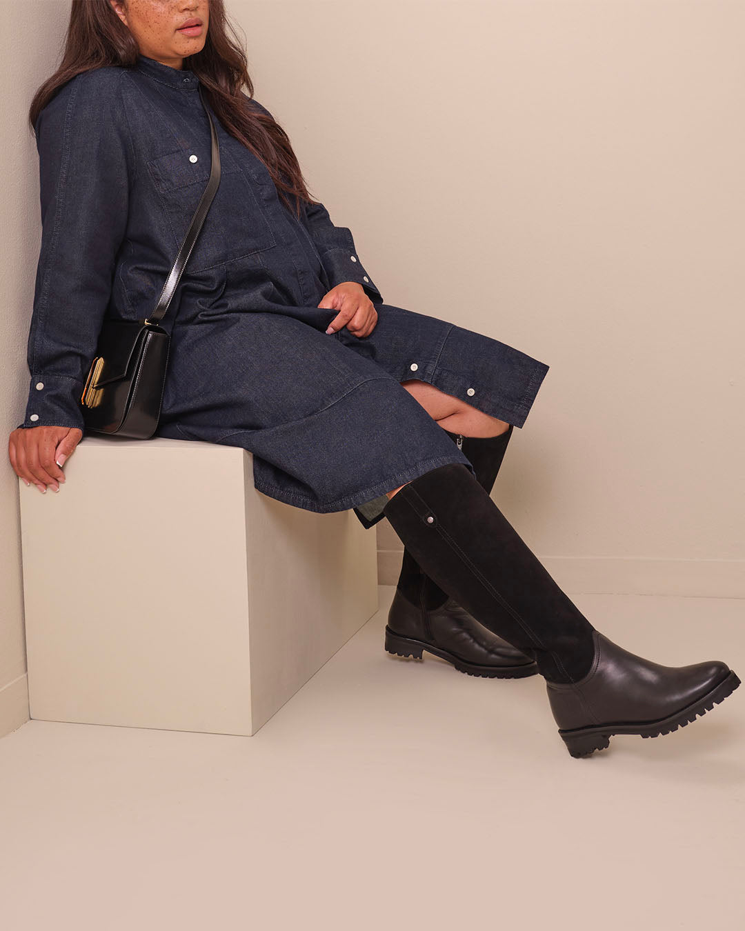 black flat dress boots Jeane Black Suede Knee High Flat Boots
