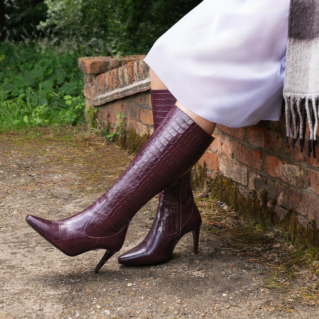 Freya Knee High Boots in Burgundy Croc1