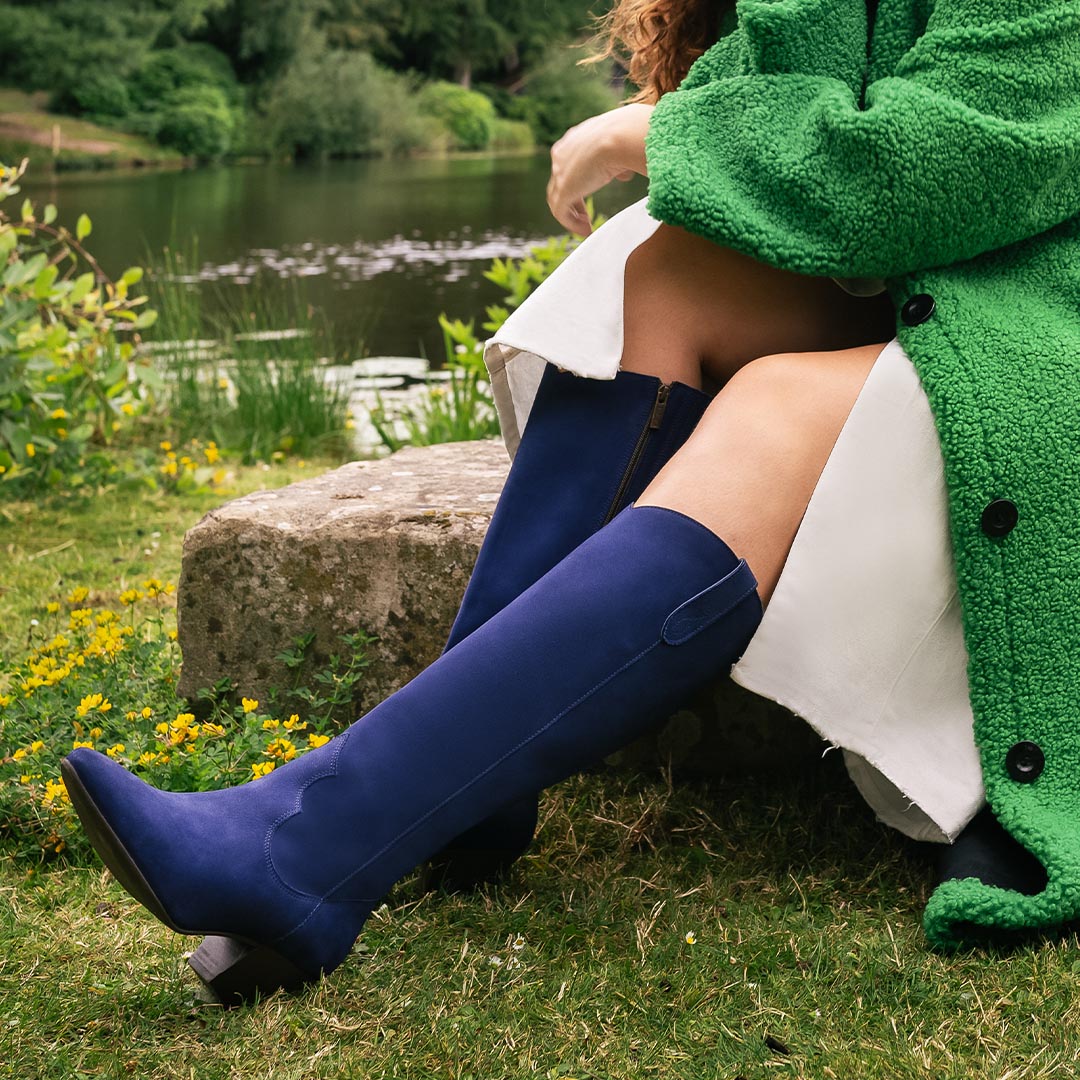 Navy knee high suede boots online