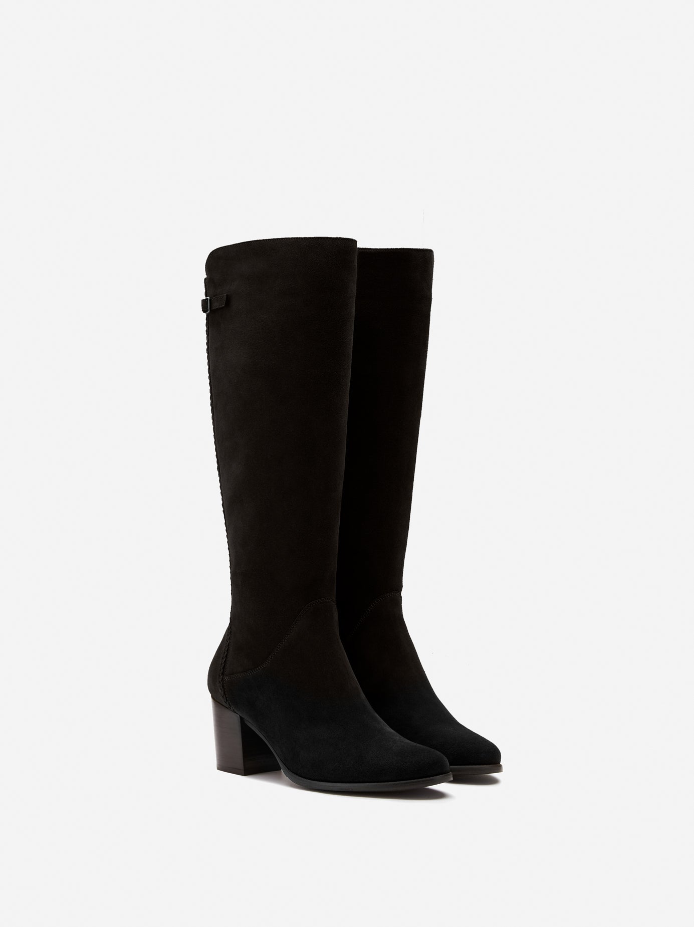 knee high black suede heeled boot