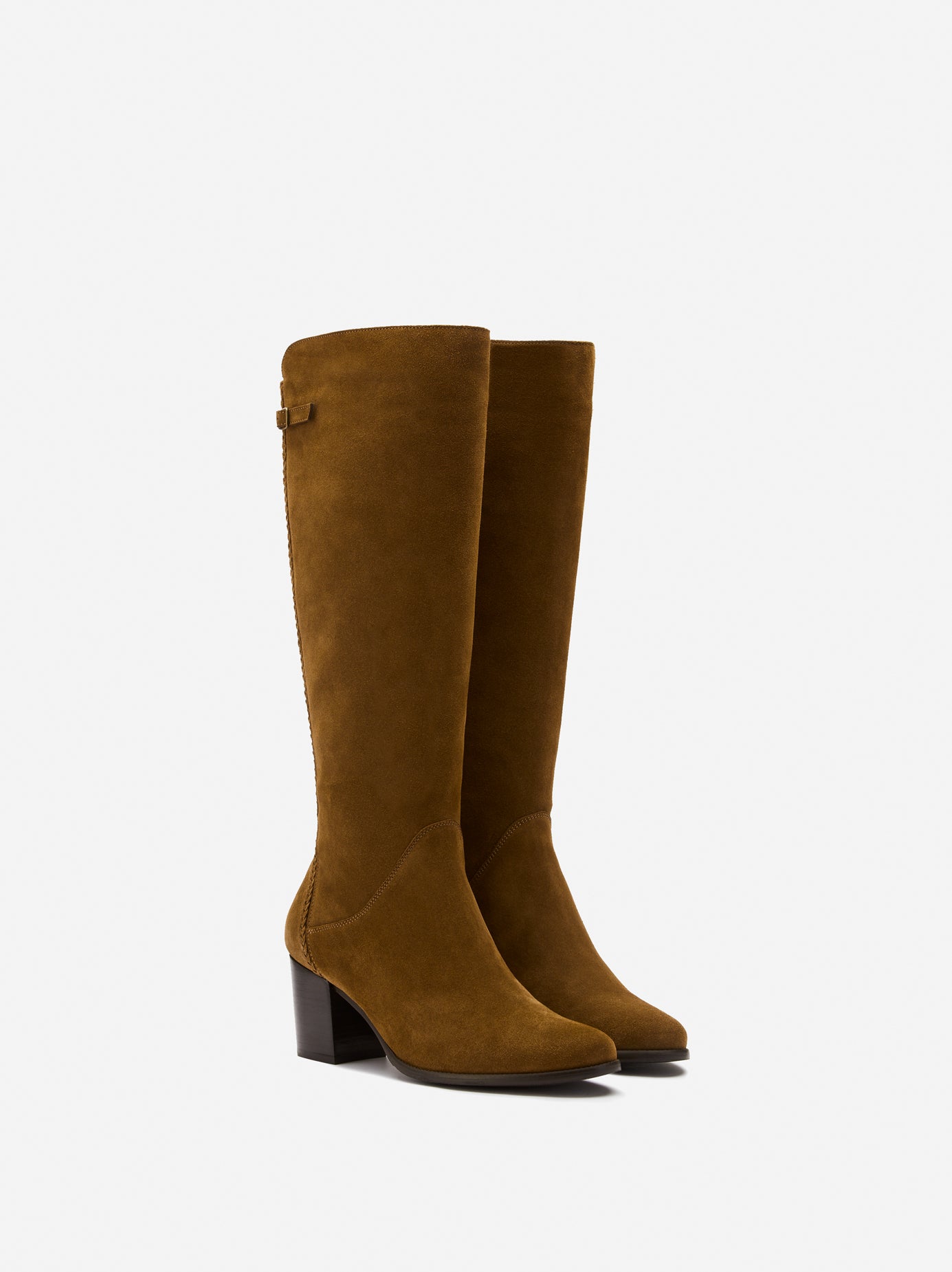 knee high tan suede heeled boot