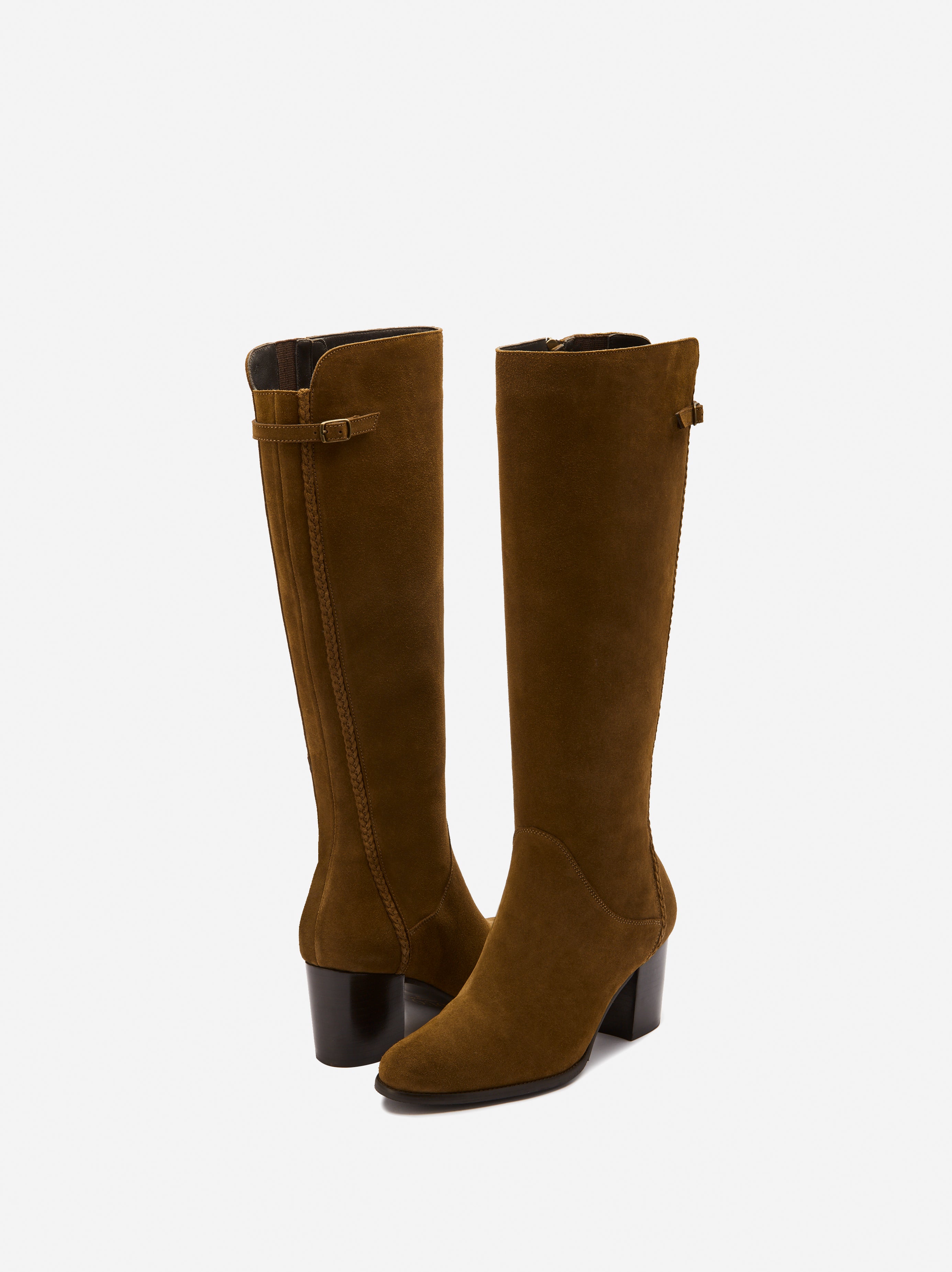 knee high adie tan suede heeled boot