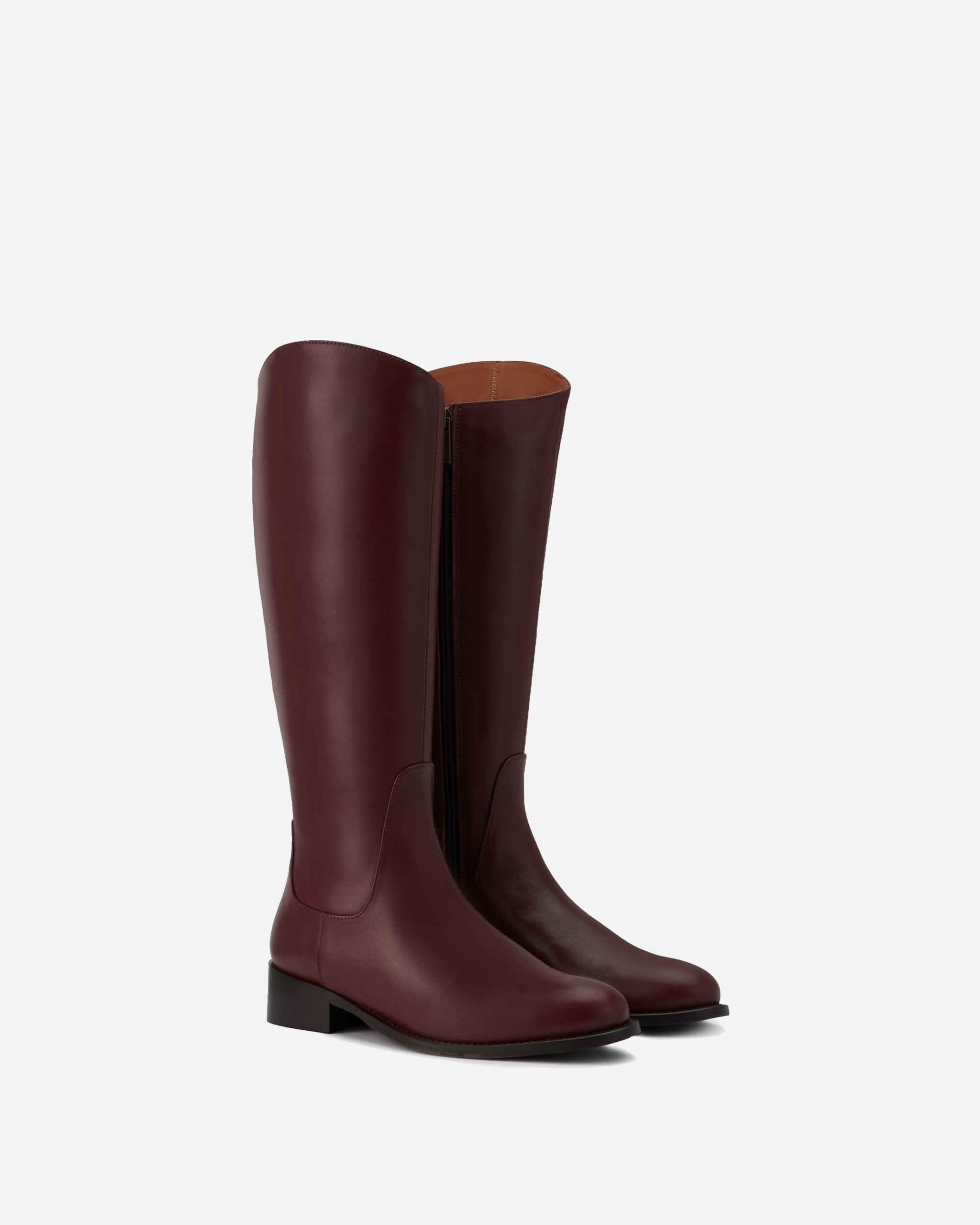 knee high burgundy leather flat boots