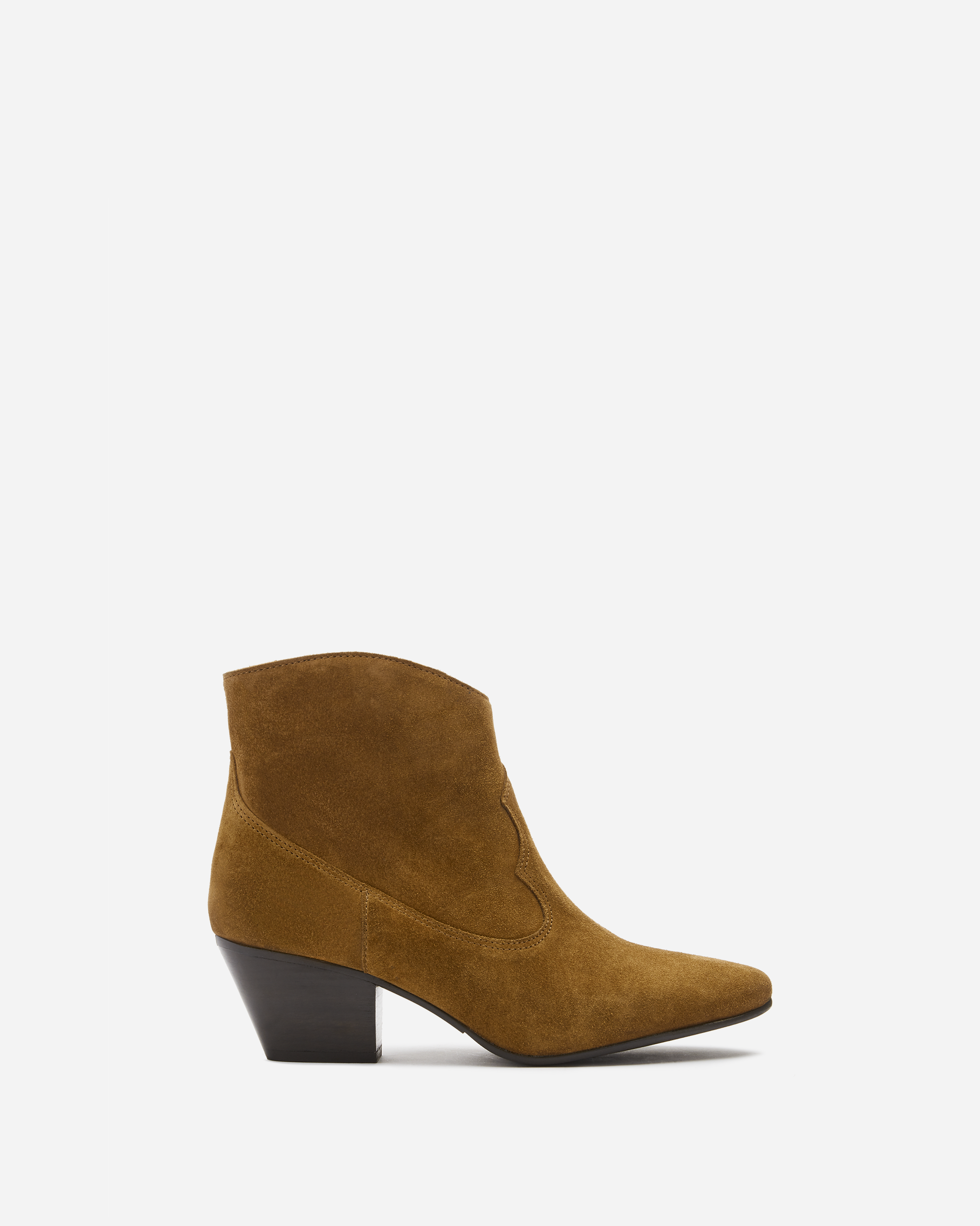 cowboy western style tan suede heeled ankle boot