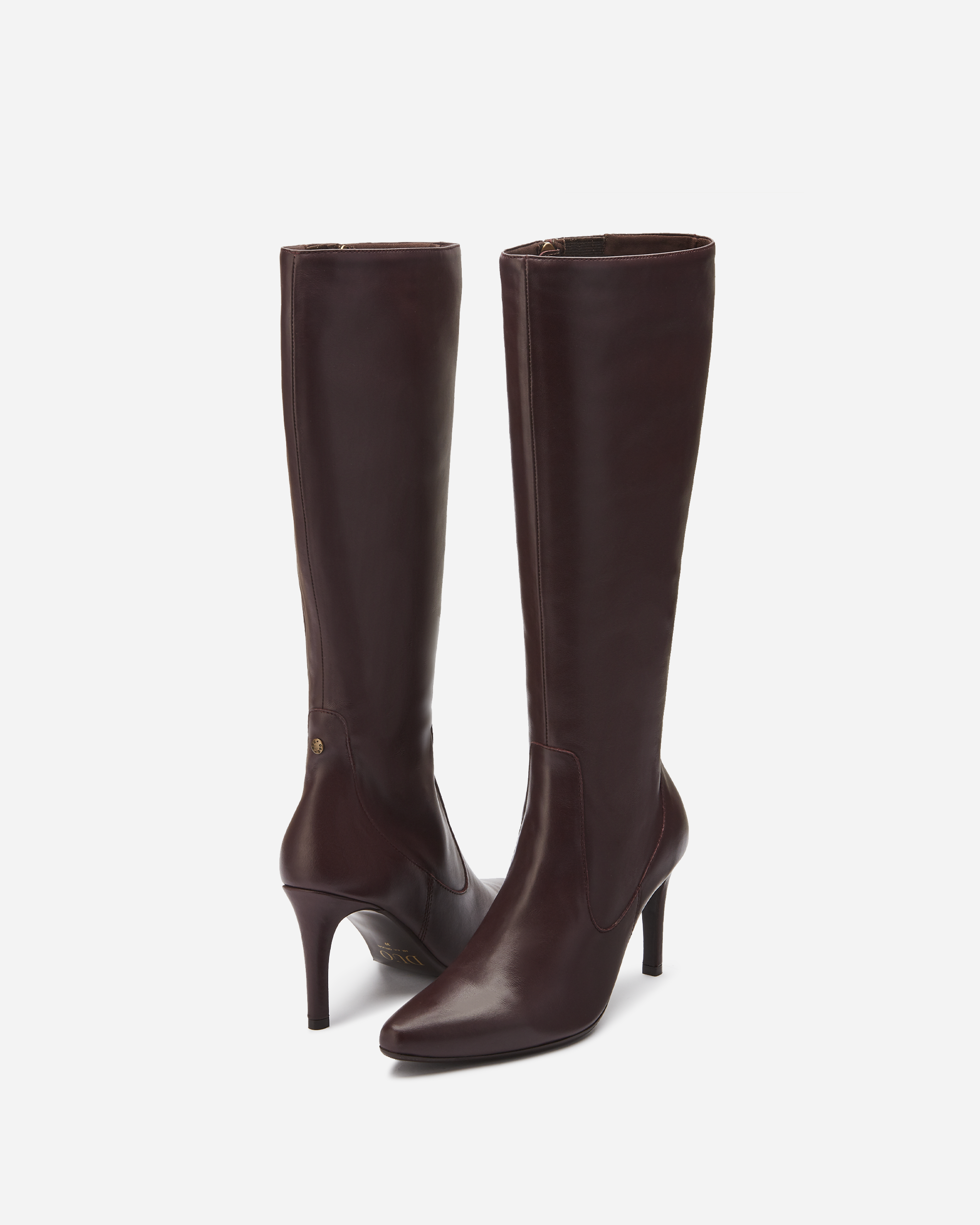 knee high burgundy leather stiletto heel boot