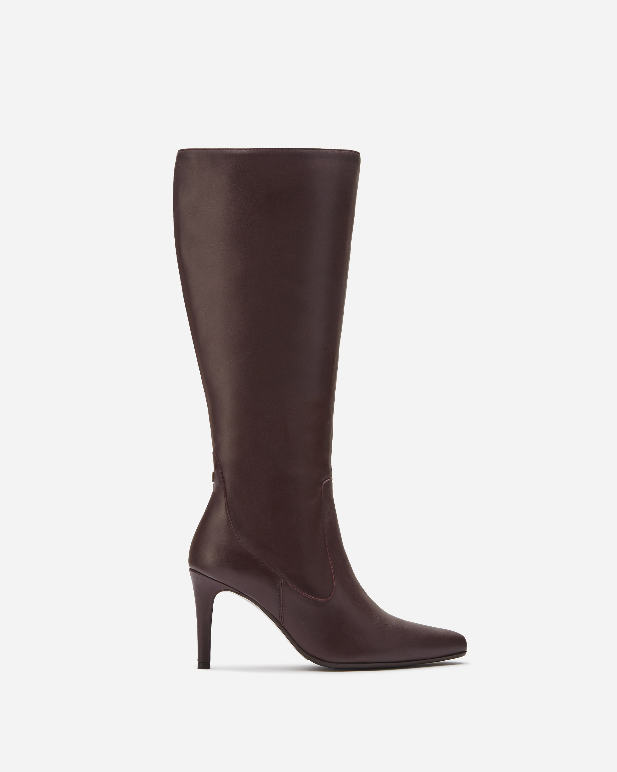 knee high burgundy leather stiletto heel boot