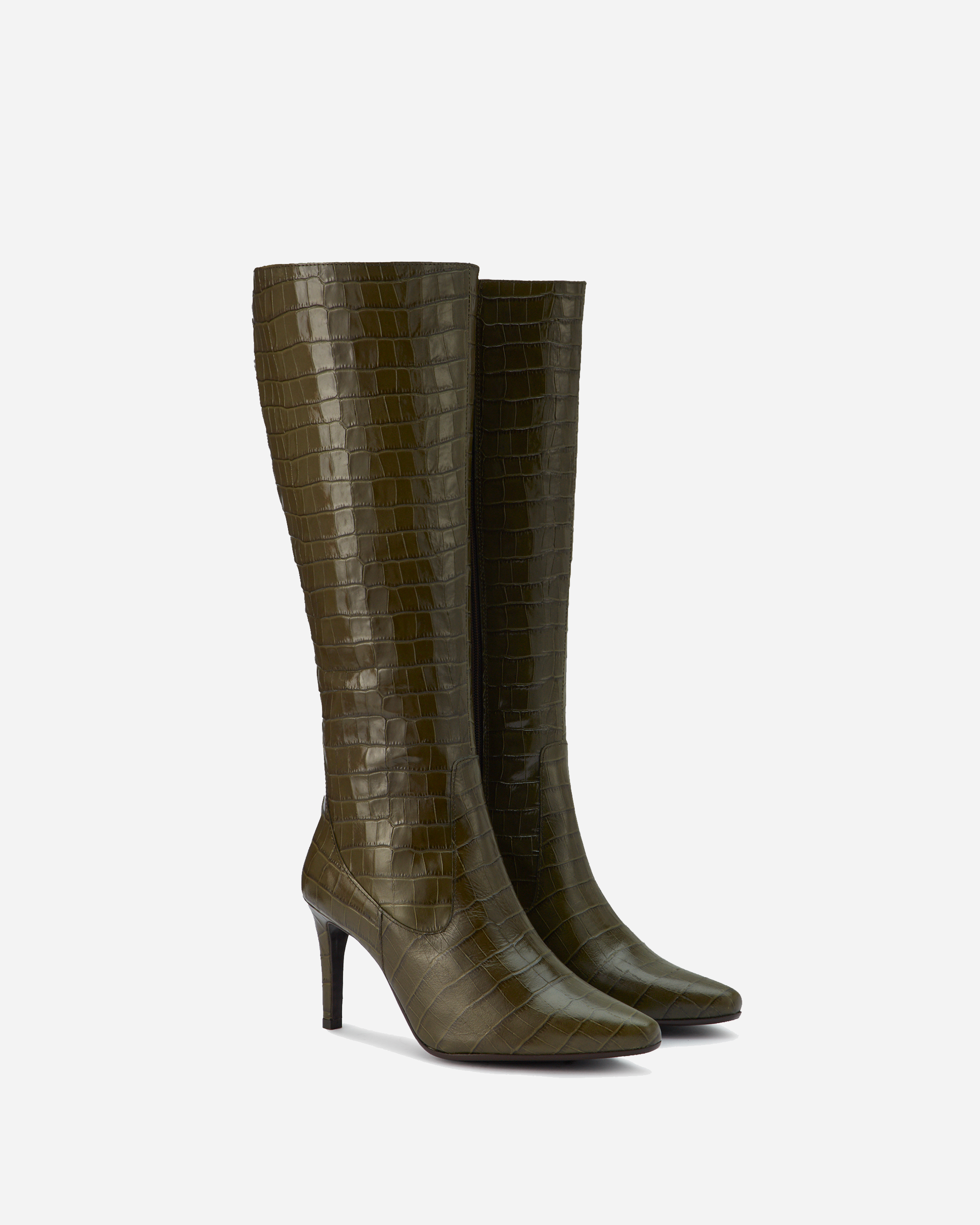 knee high leather croc stilletto heeled boots