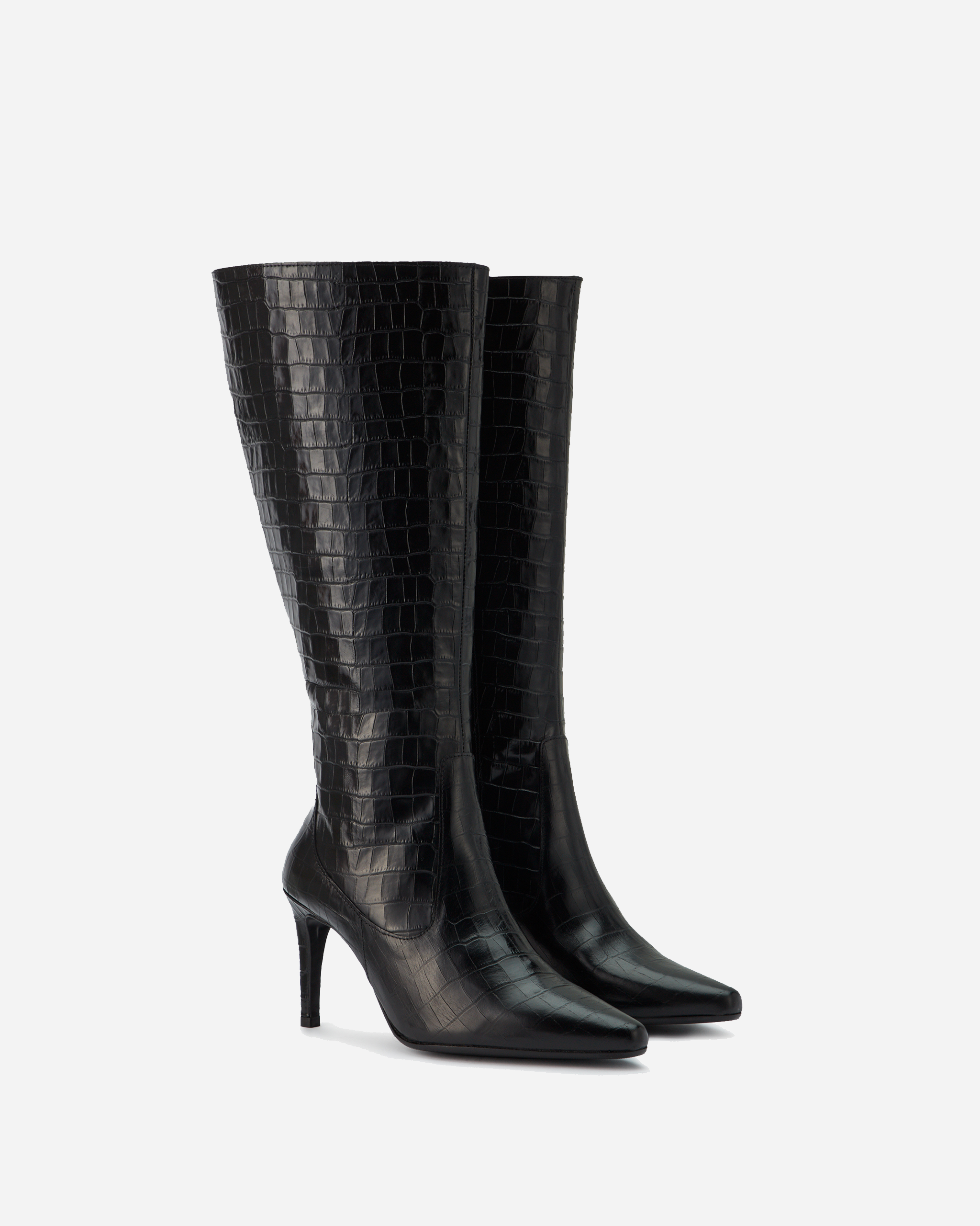 knee high black leather croc stiletto heel boots