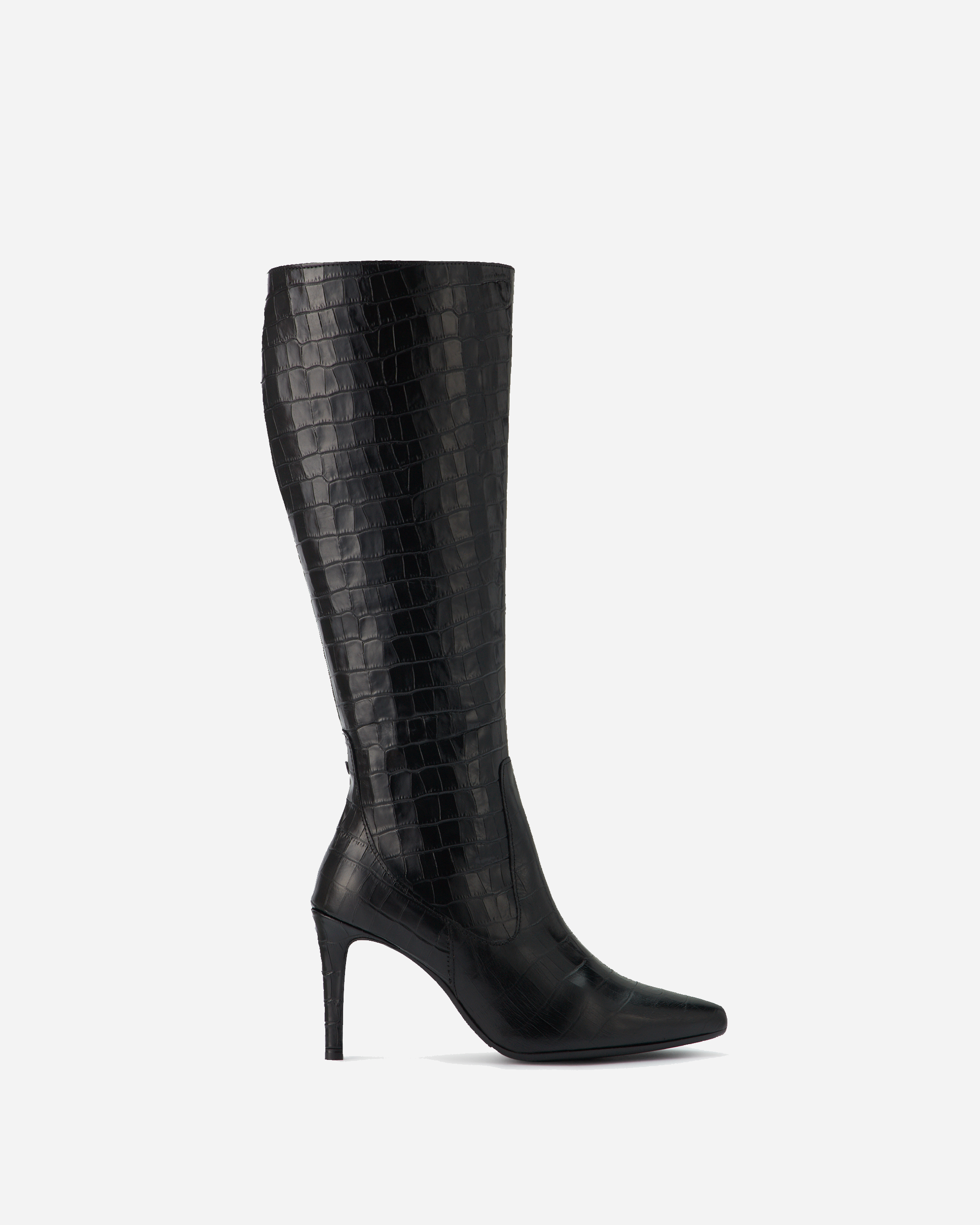 knee high black croc stiletto heel boots