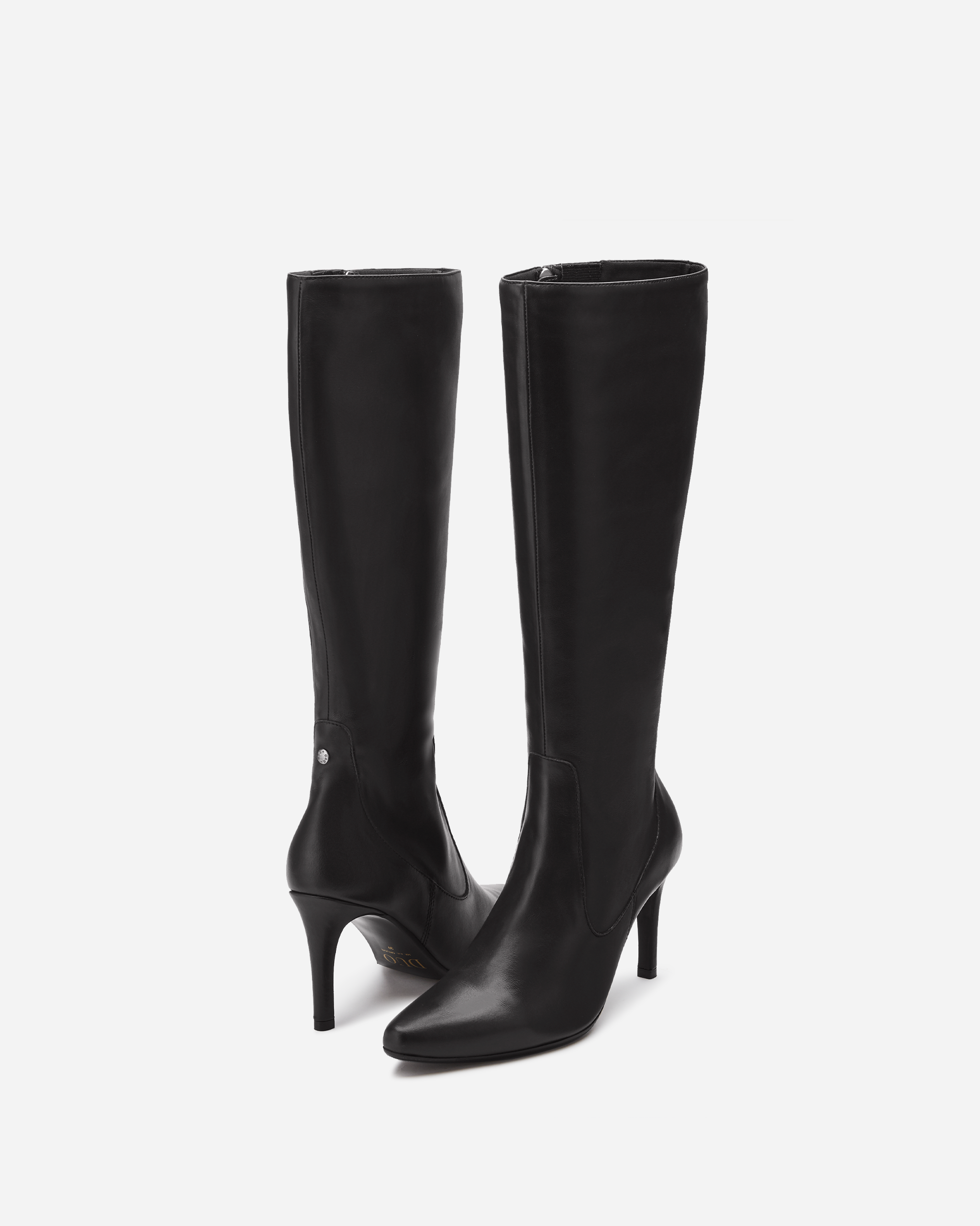 knee high black leather stiletto heel boot