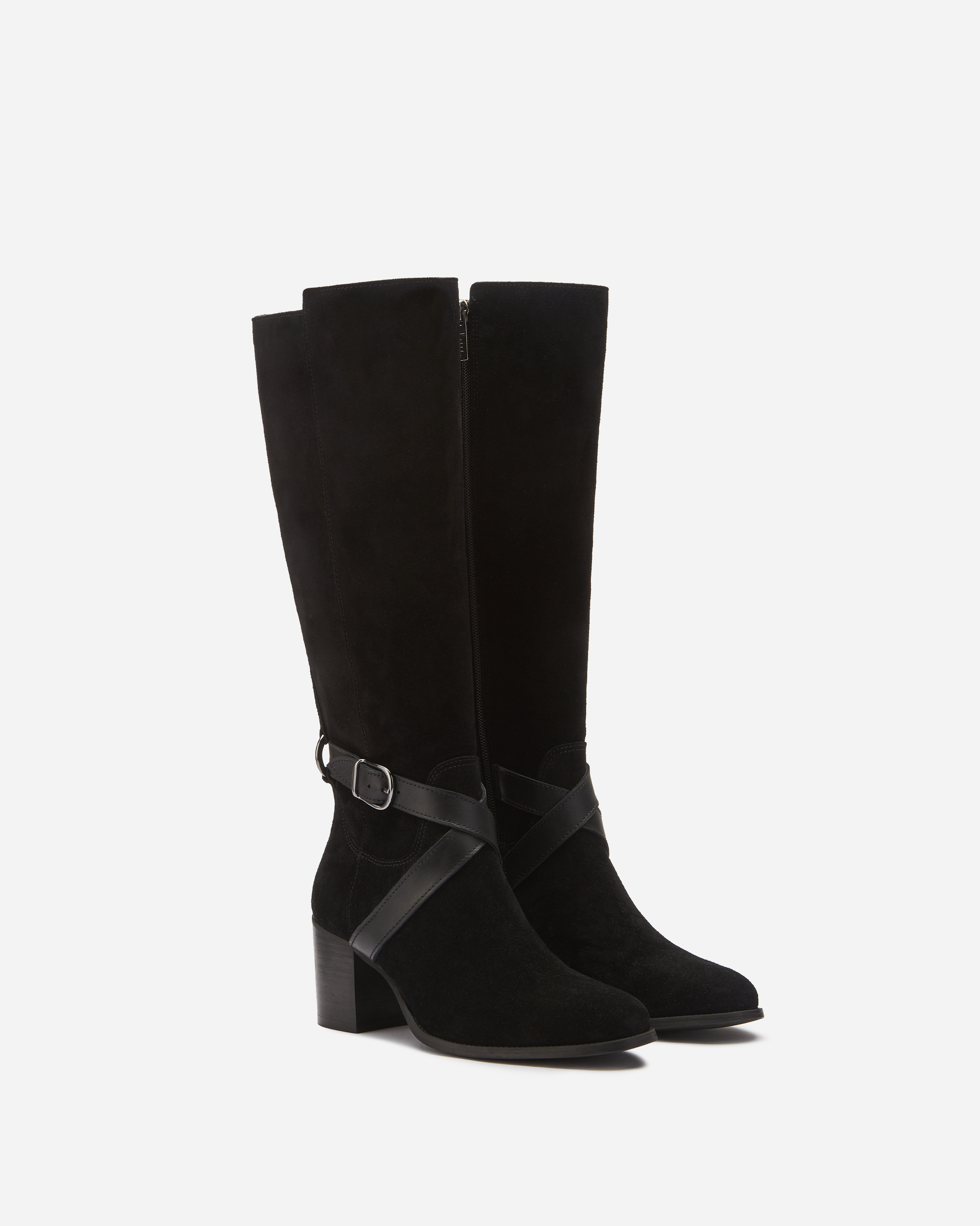 knee high black suede heeled boot with buckle