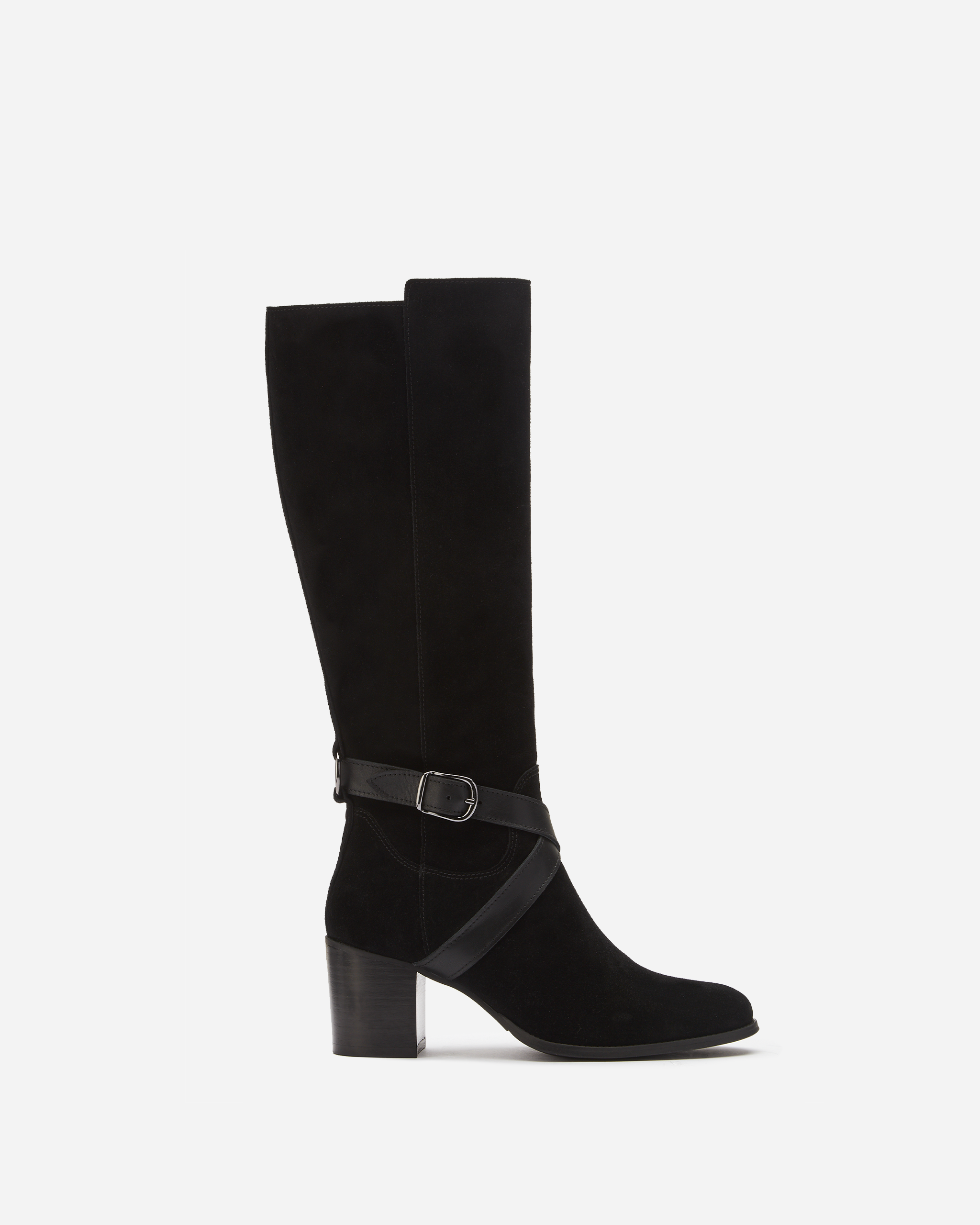 knee high black suede heeled boot with buckle