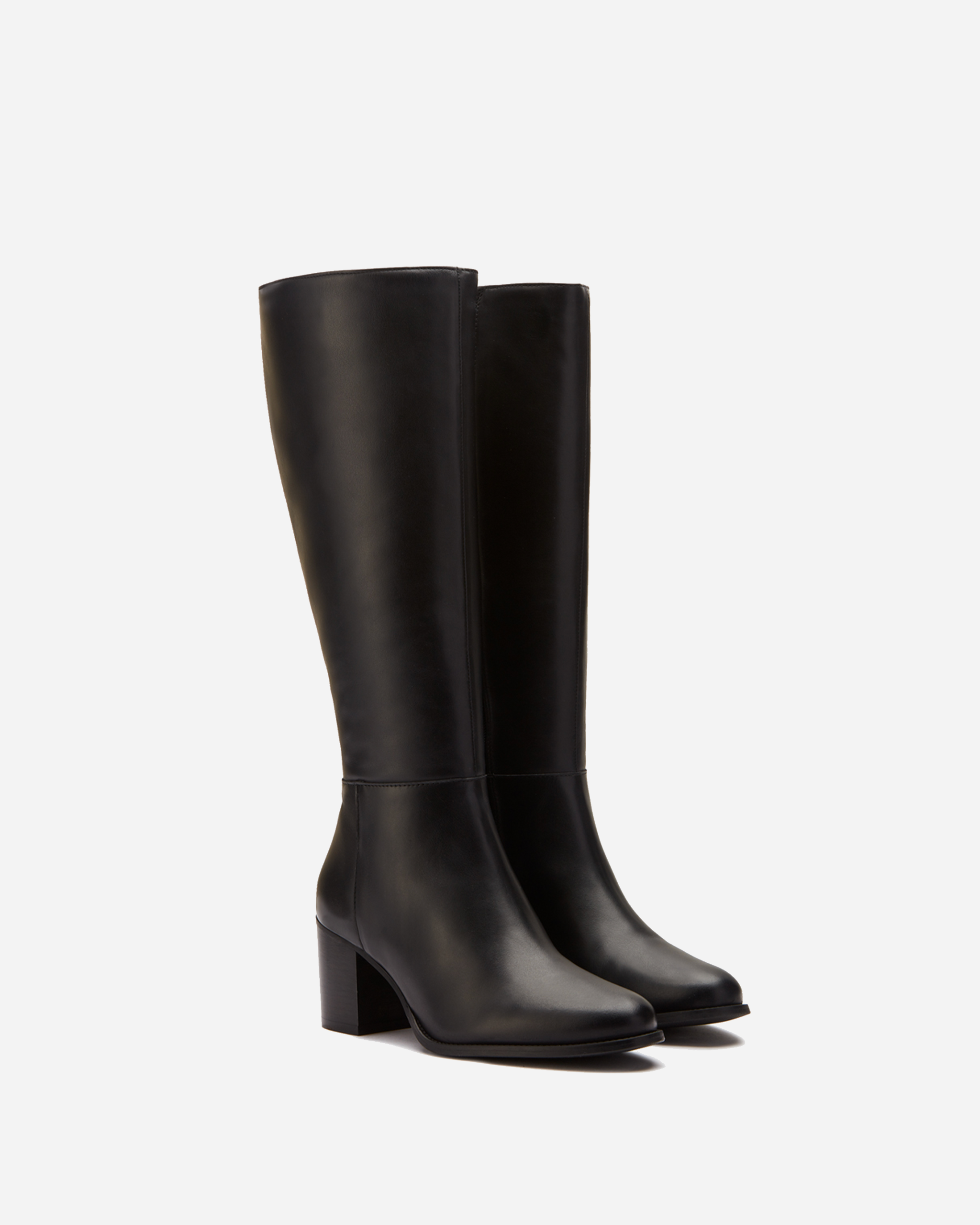 Black leather knee high low heel boots discount