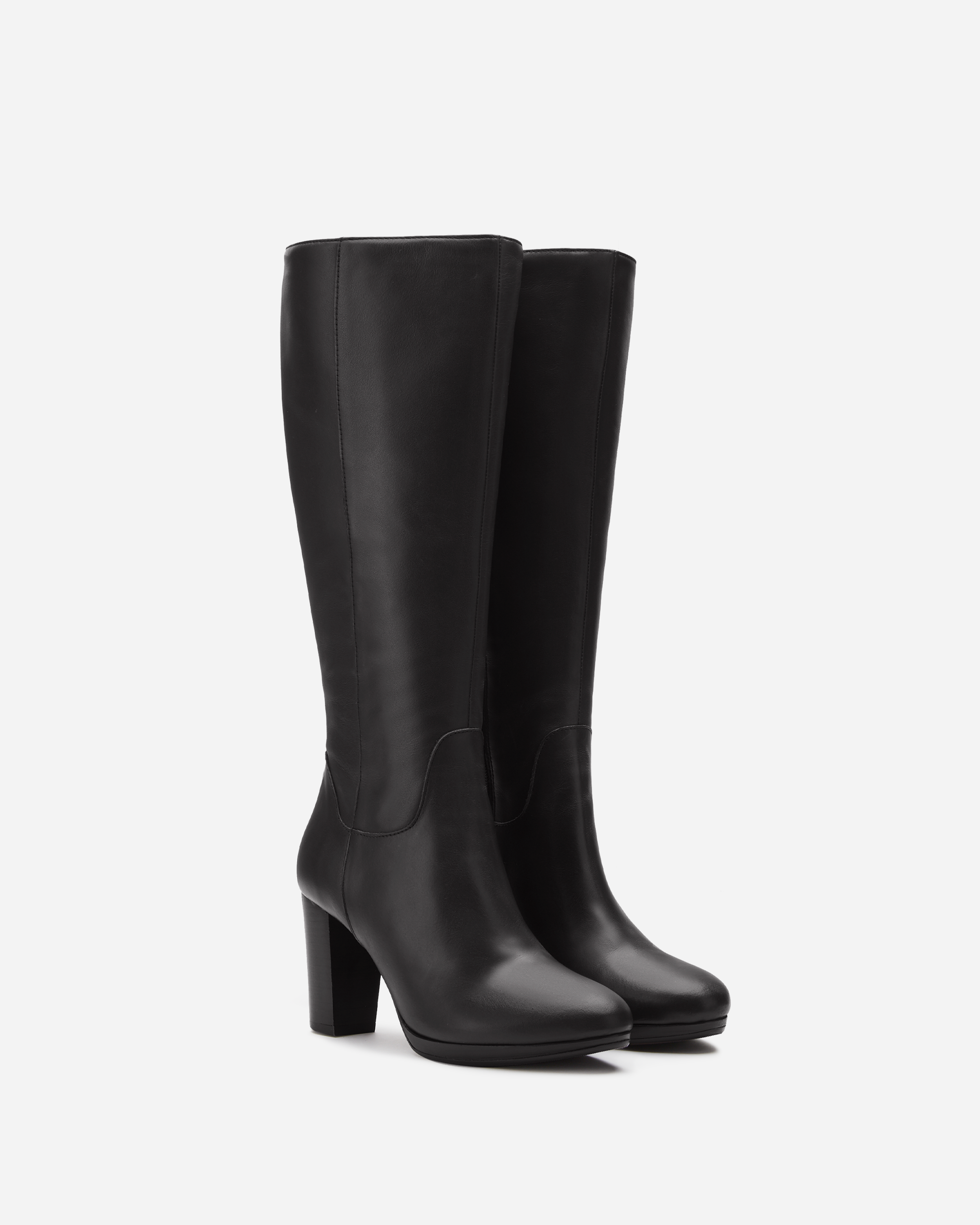 Black leather knee high boots block heel sales