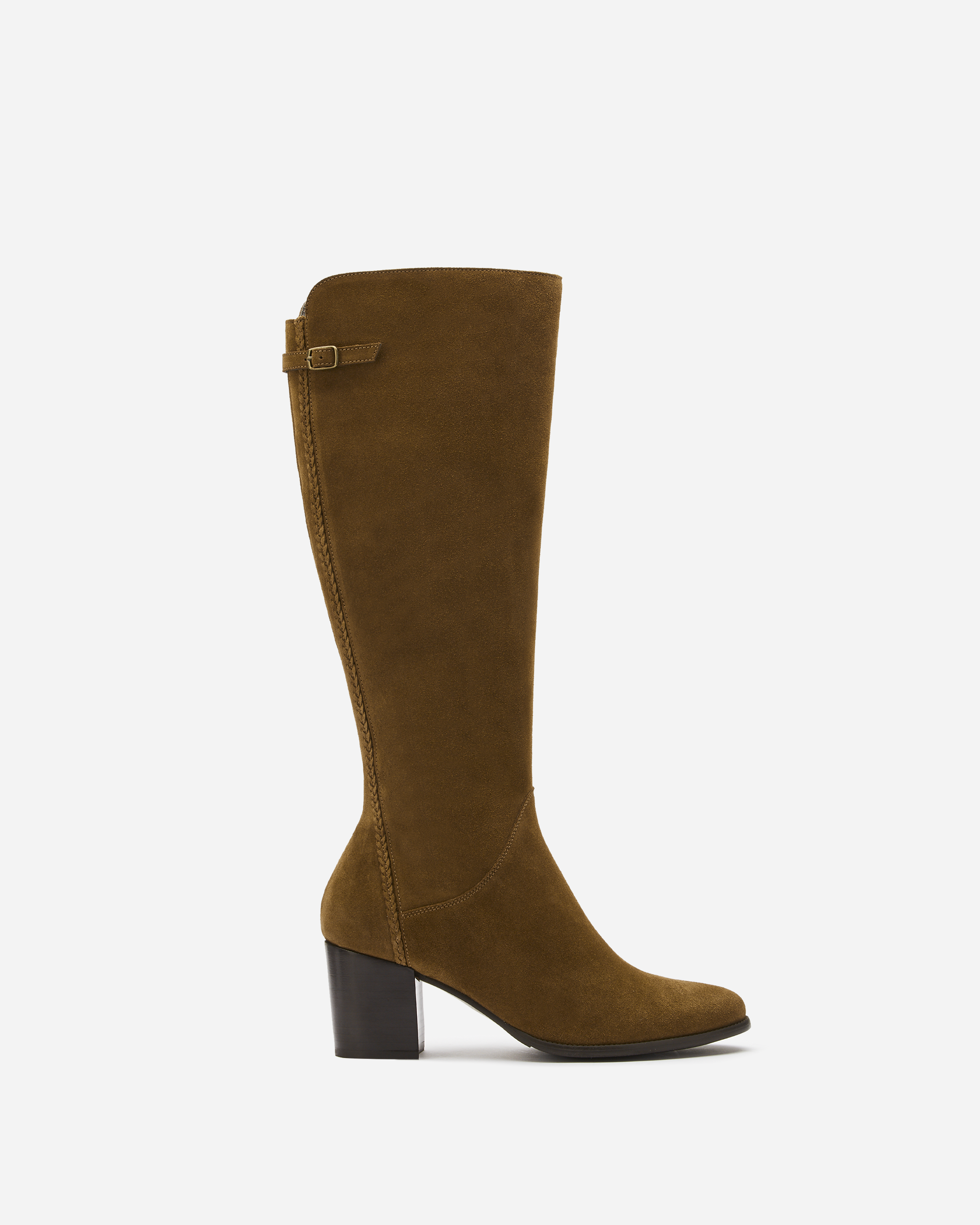 knee high tan suede heeled boot