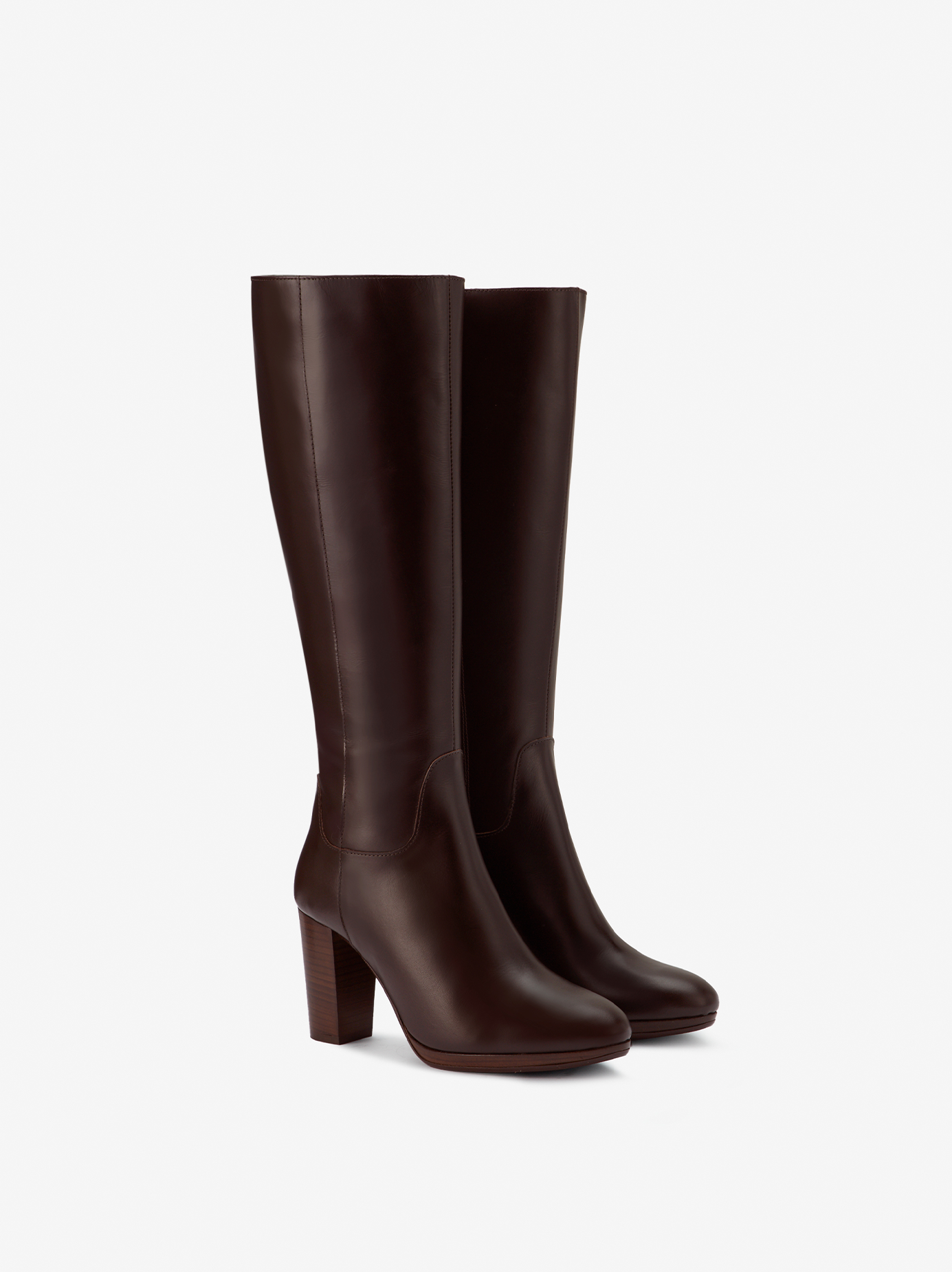 knee high brown leather heeled boots