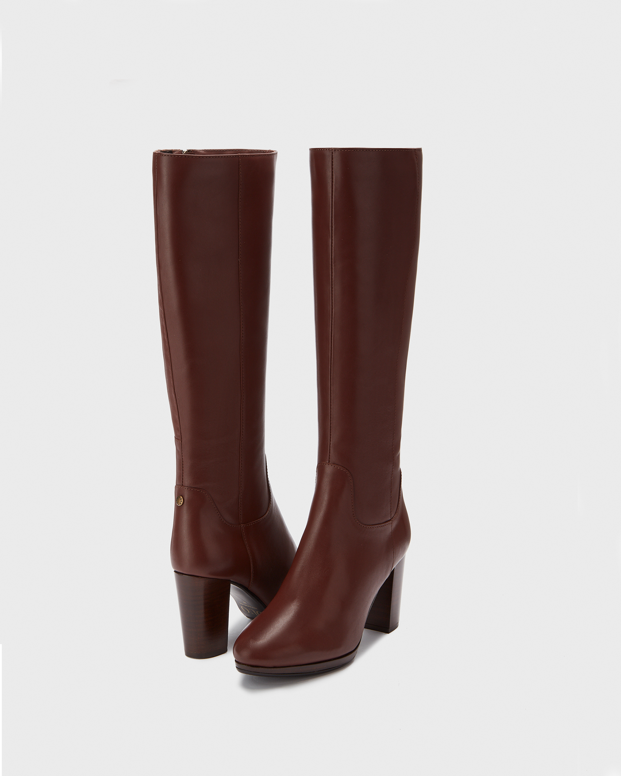 knee high brown leather heeled boots