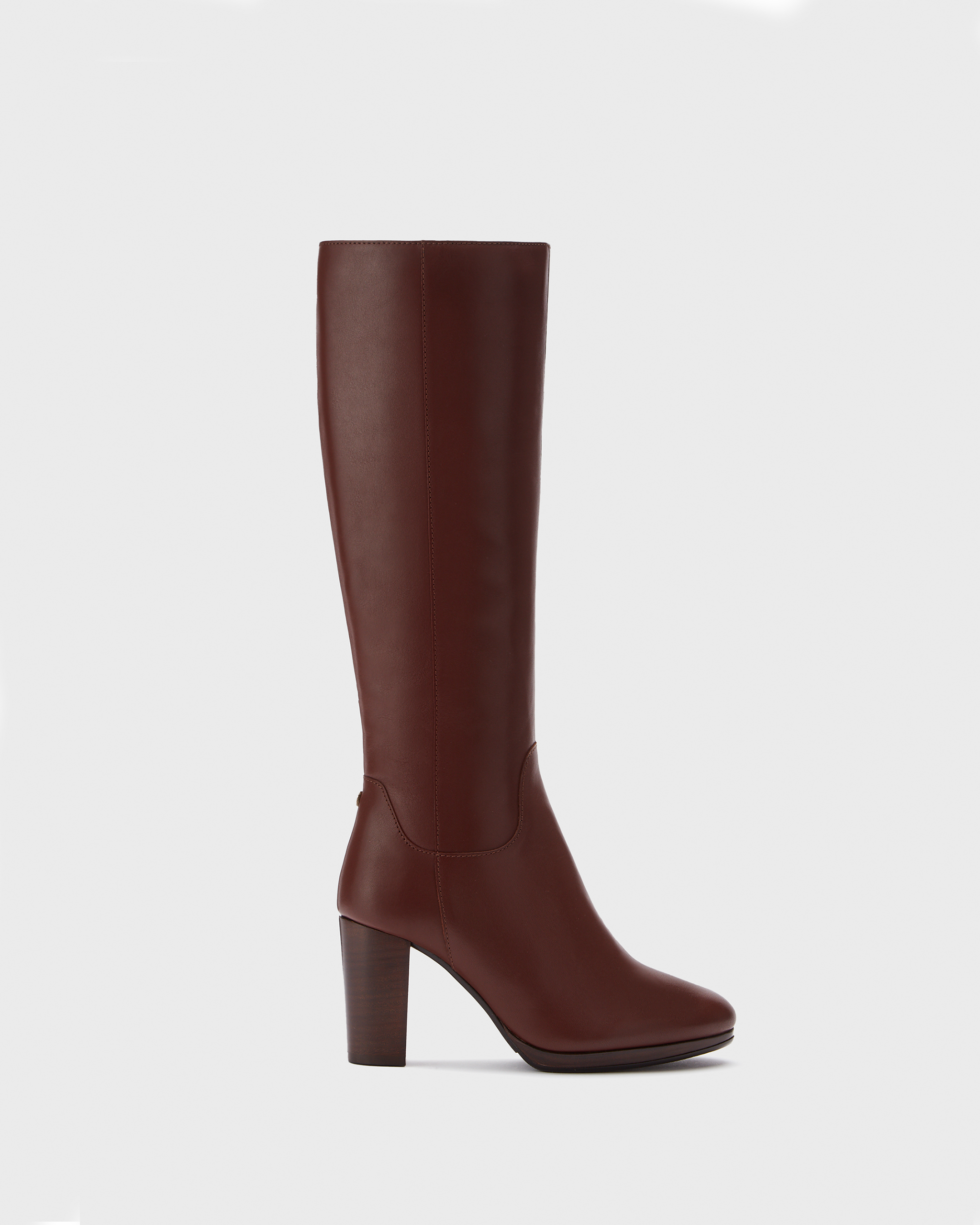 knee high brown leather heeled boots