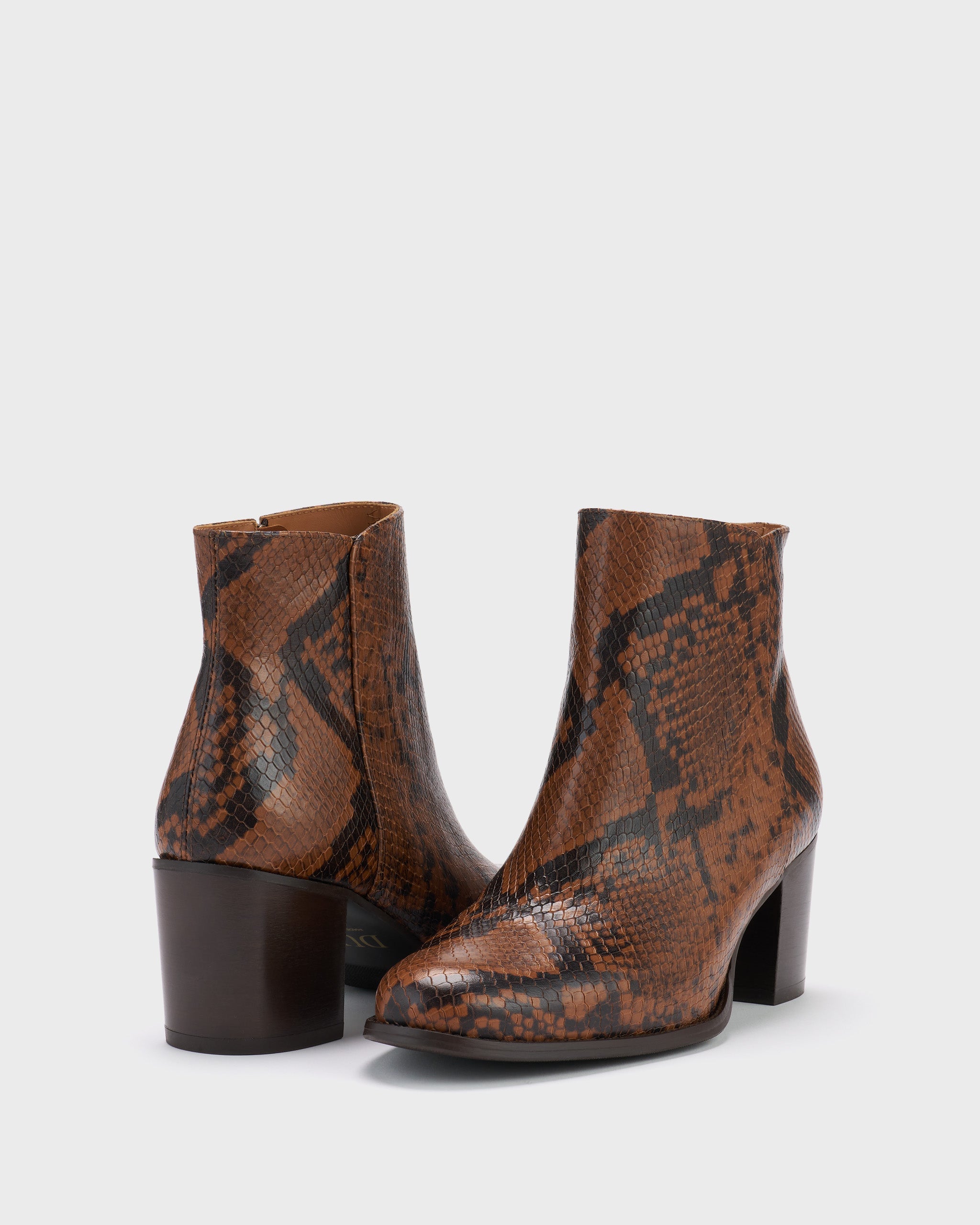 Dalia Brown & Black Snake Printed Block Heel Ankle Boots DuoBoots