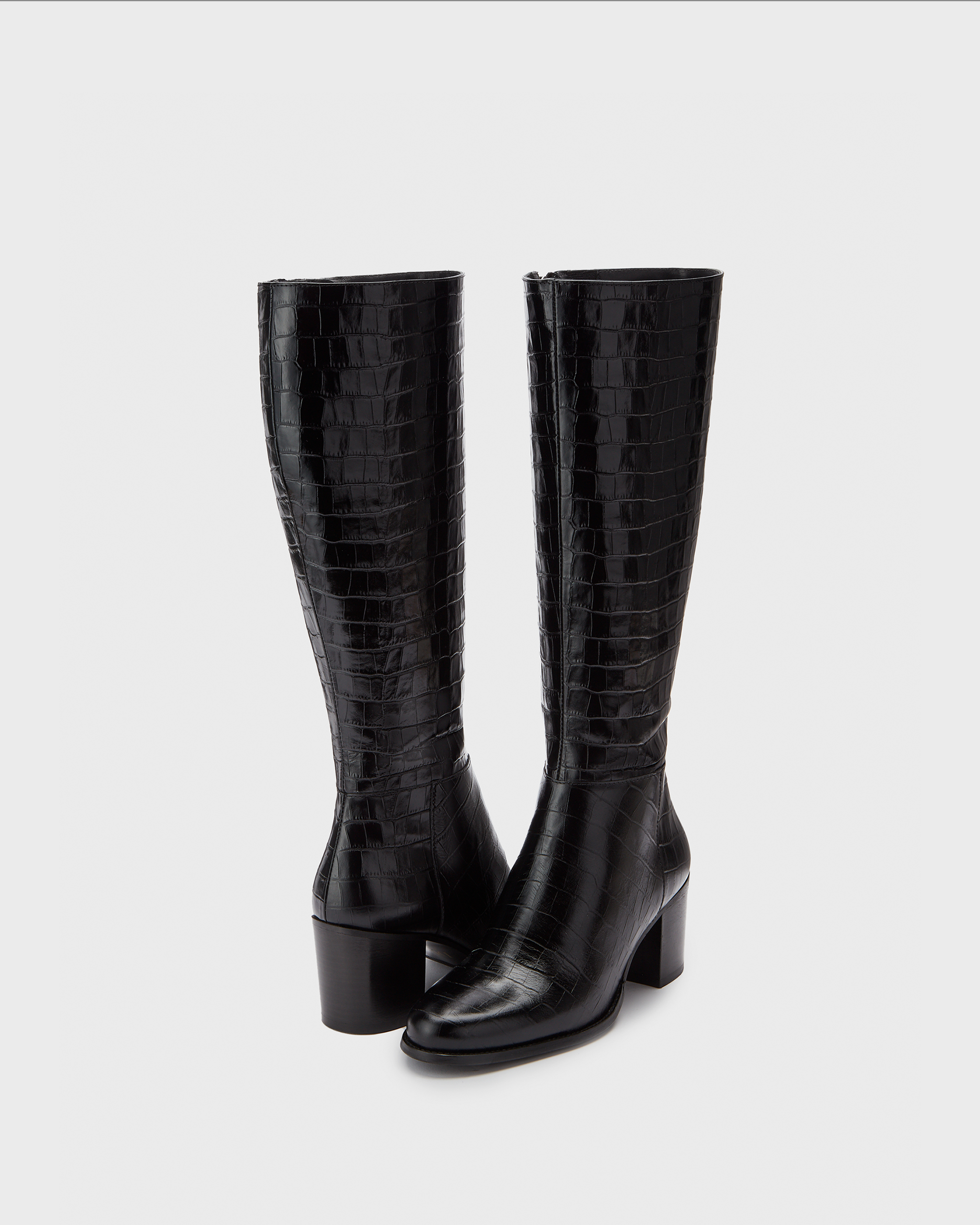 knee high black croc print heeled boots