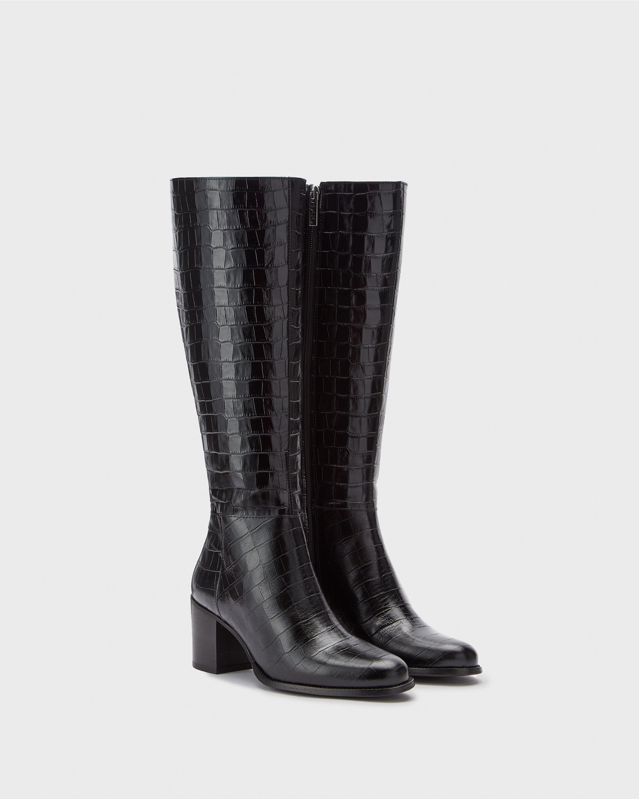 Dalia Petitie Black Croc print Knee High stacked heel Boots with a 38cm Calf DuoBoots