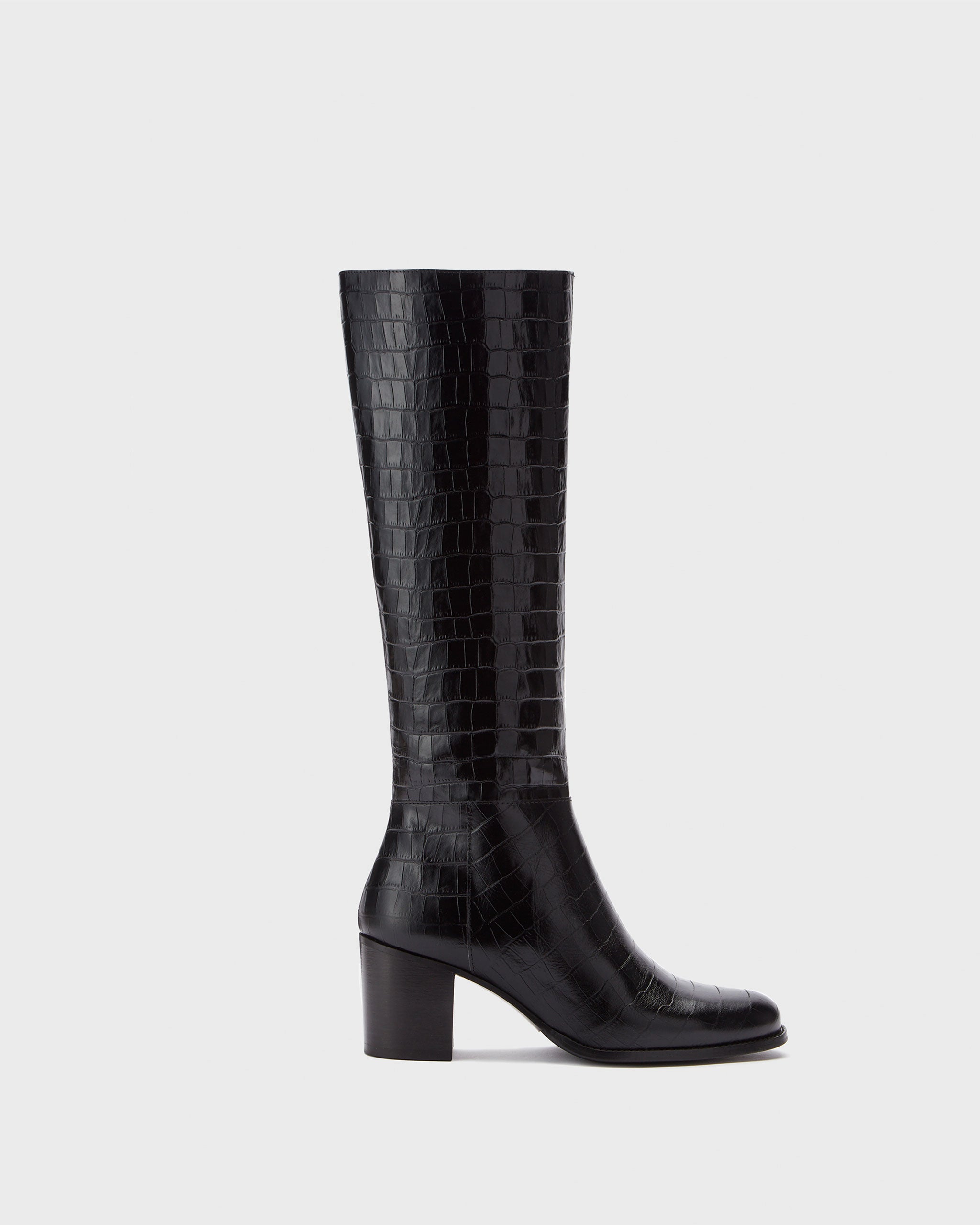 Dalia Standard Black Croc Print Knee High Block Heel Boots With A 32cm Calf DuoBoots