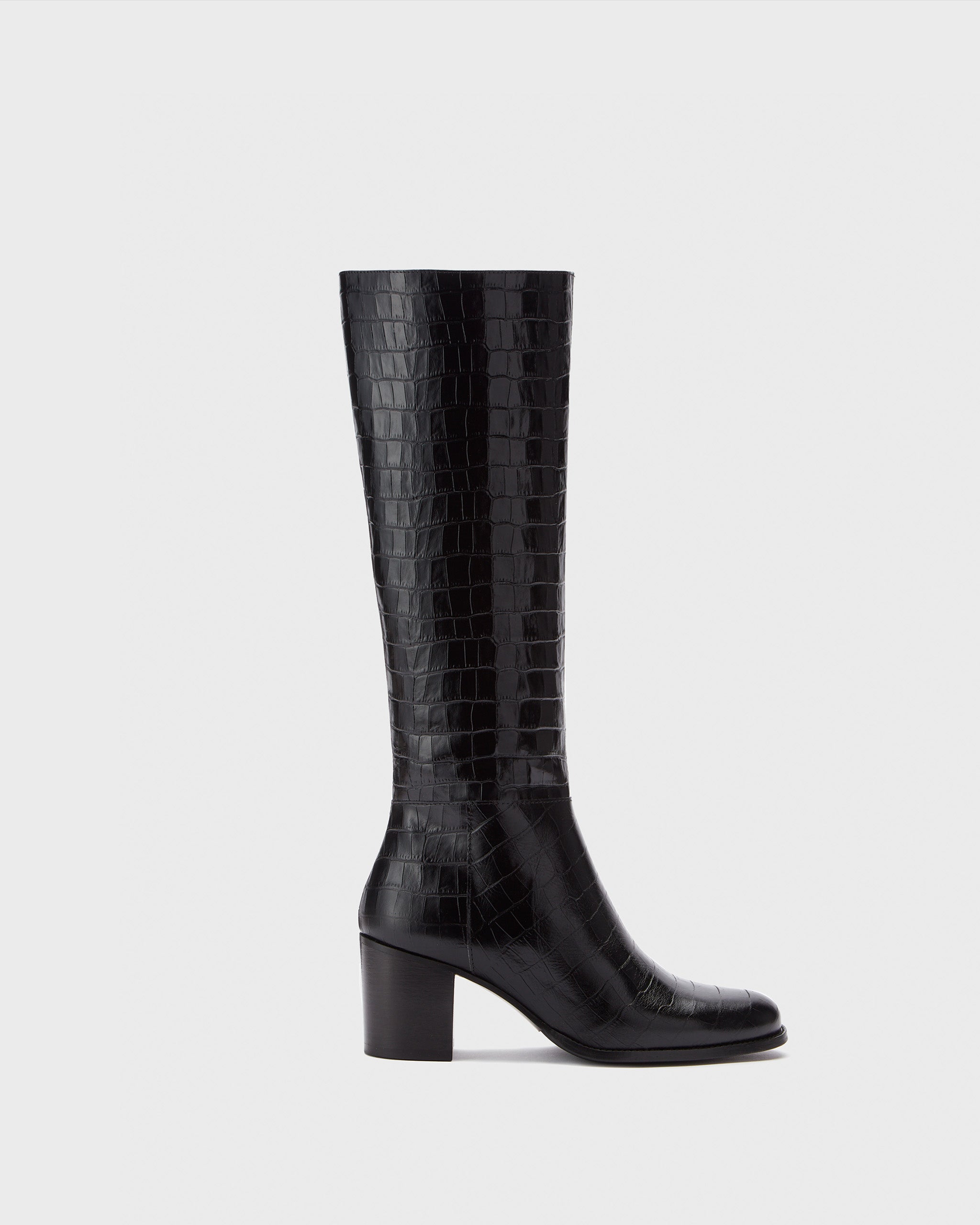 Dalia Petite sleek Black Croc print Knee High Boots with a narrow fit DuoBoots