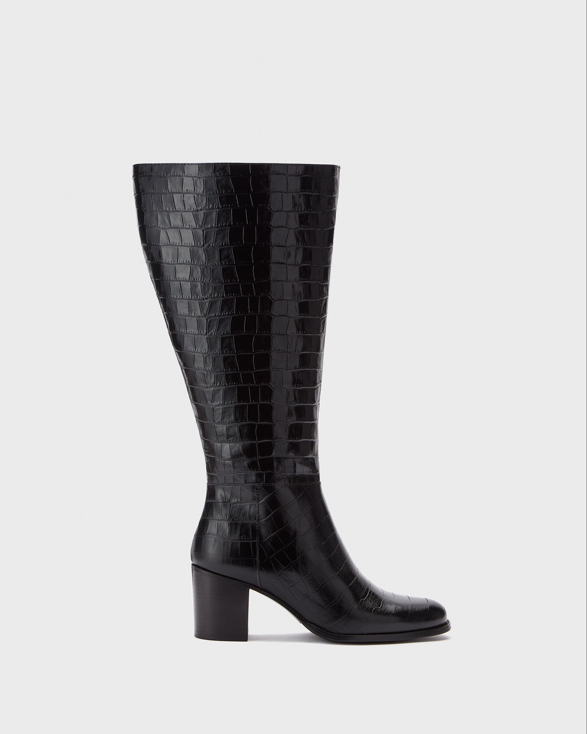 Dalia Petite Black Croc Knee High Block Heel Boots | DuoBoots