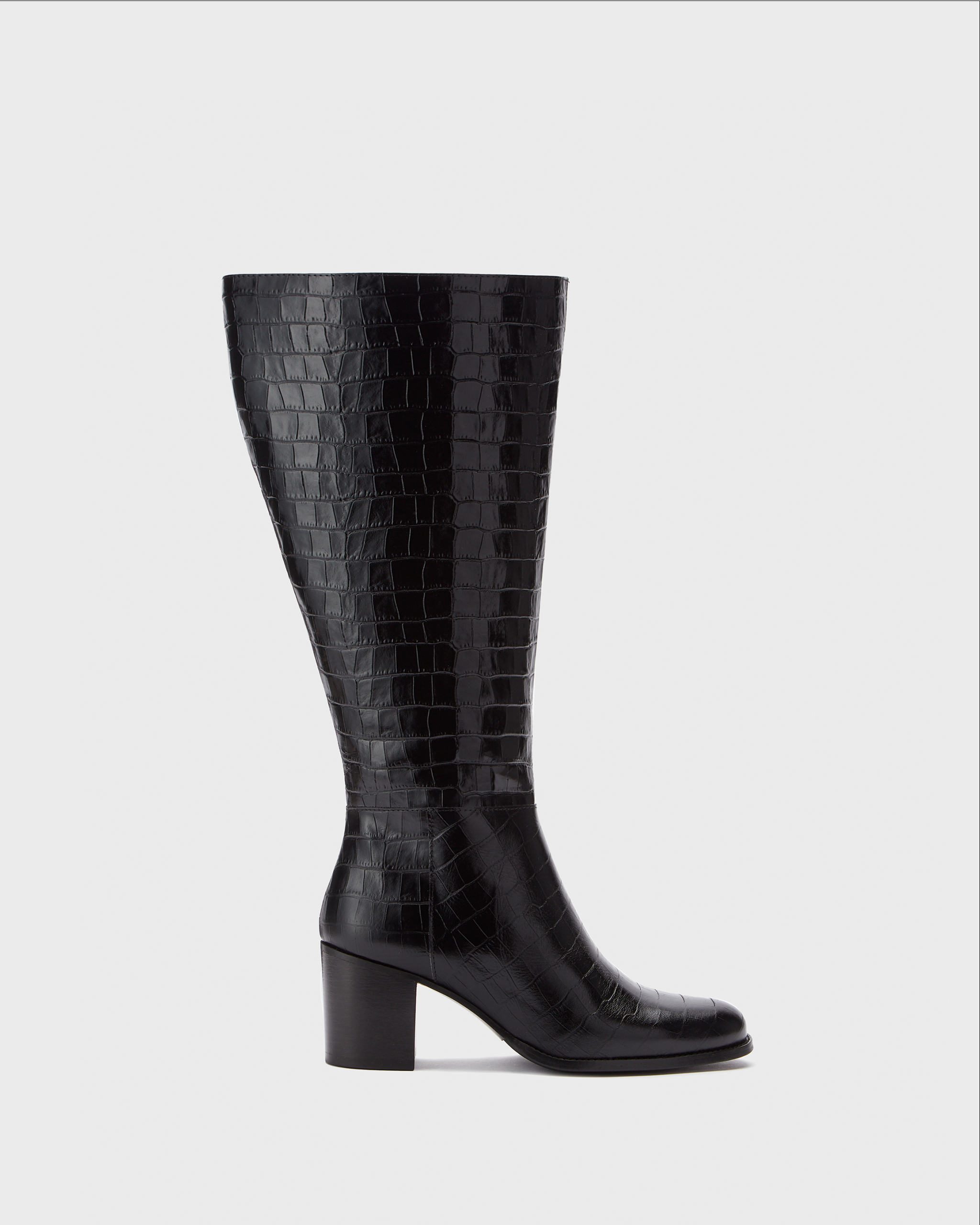 knee high black croc print heeled boots