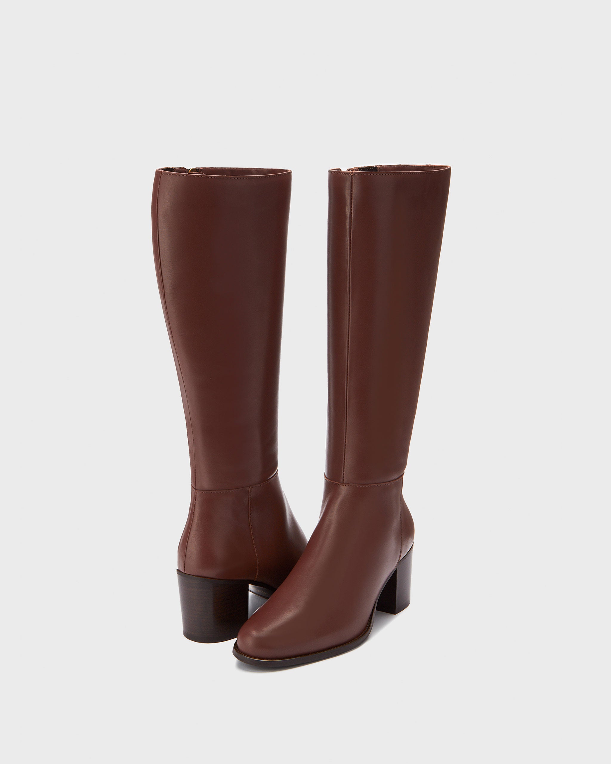 Dalia Petite Sleek Brown Leather Knee High Stacked Heel Boots Calf  DuoBoots
