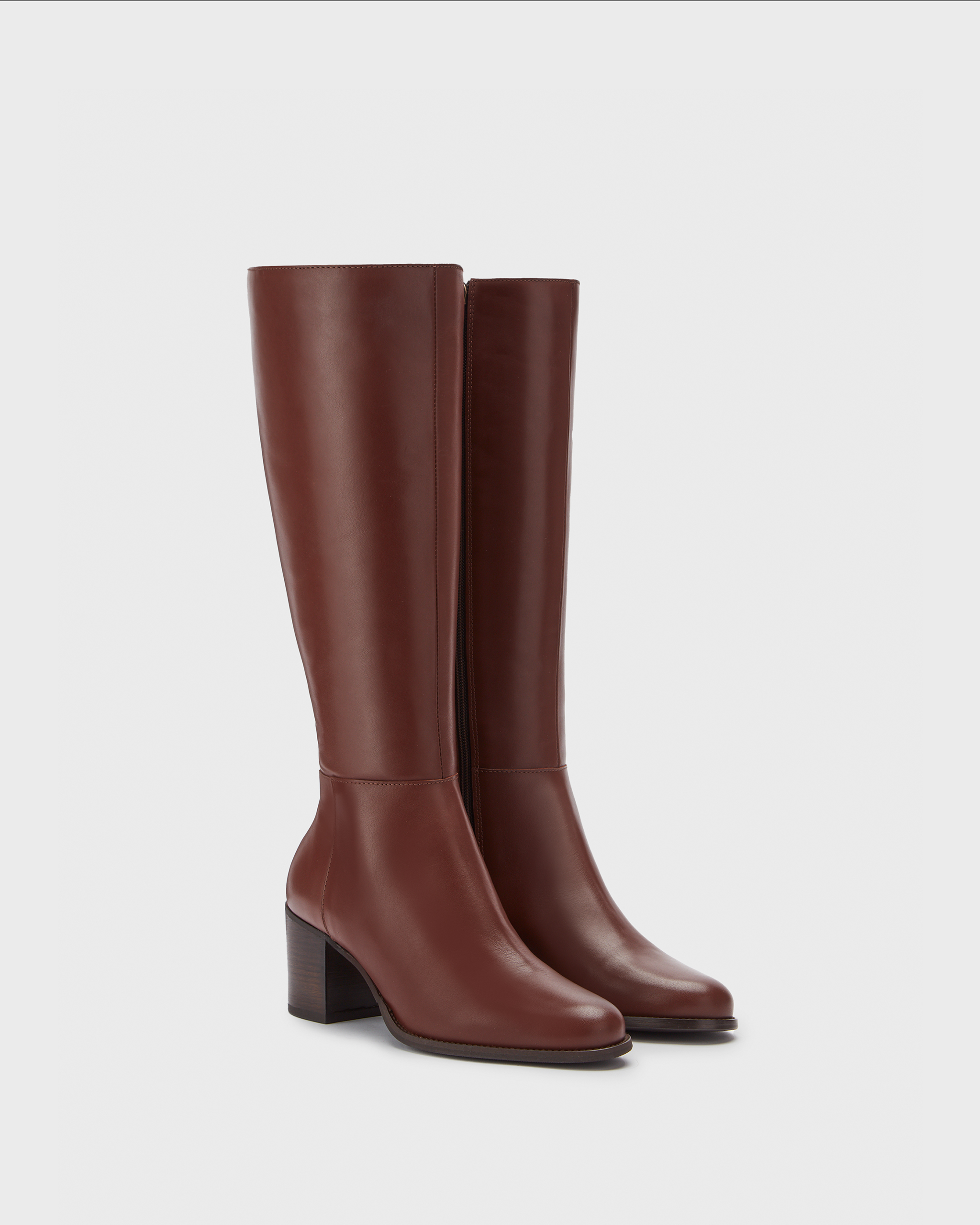 knee high brown leather heeled boots