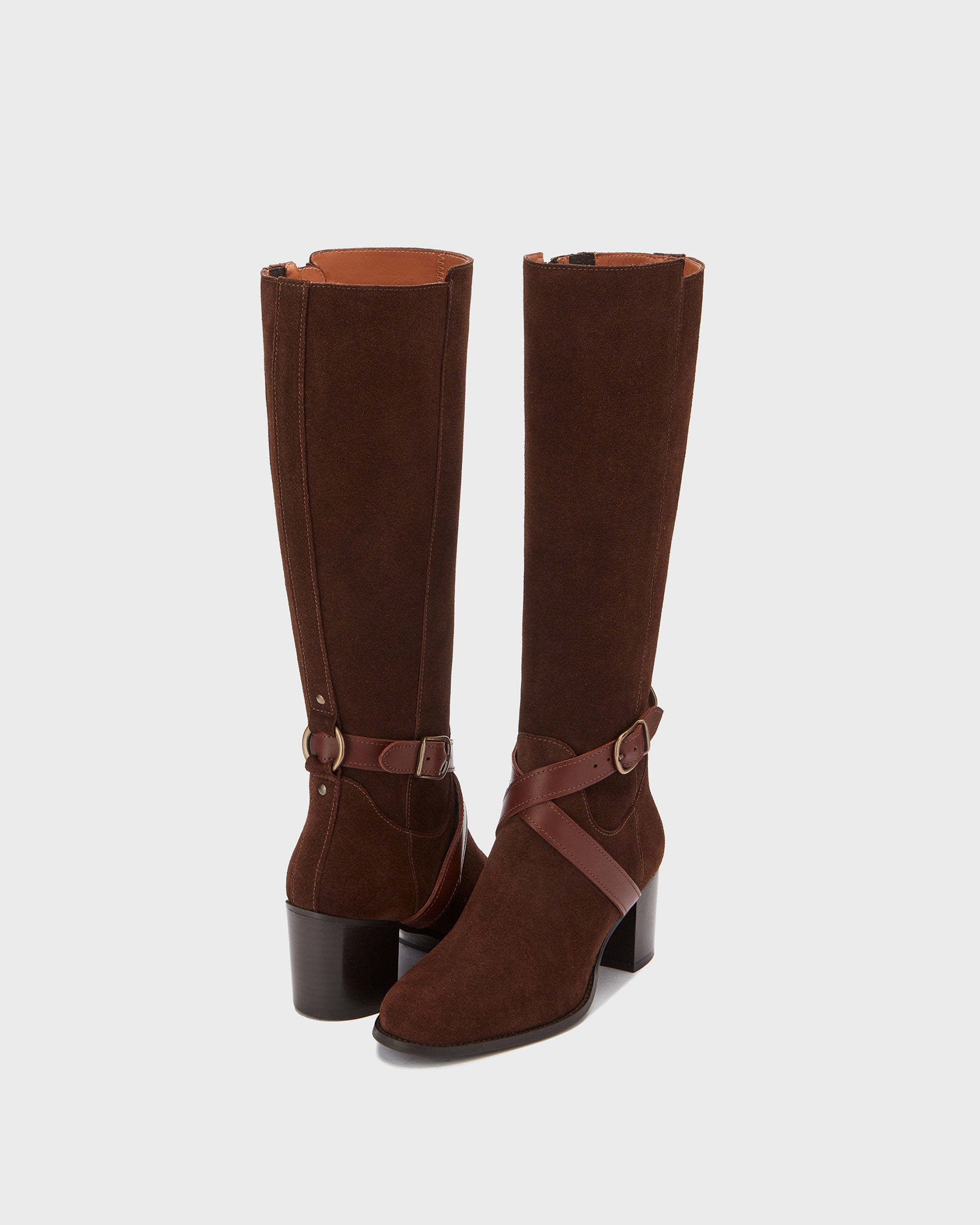 Easton Sleek Brown Suede Knee High Heeled Boots With Brass Buckle DuoBoots