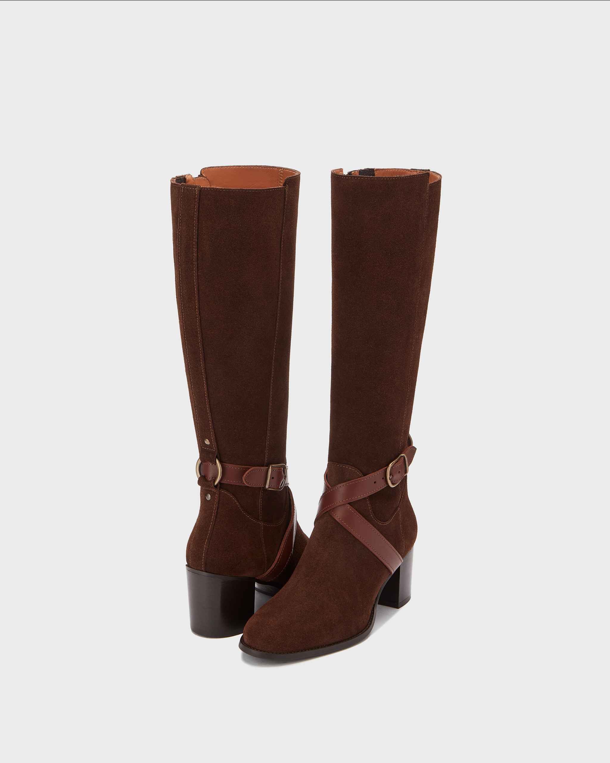 knee high brown suede heeled boots with buckle