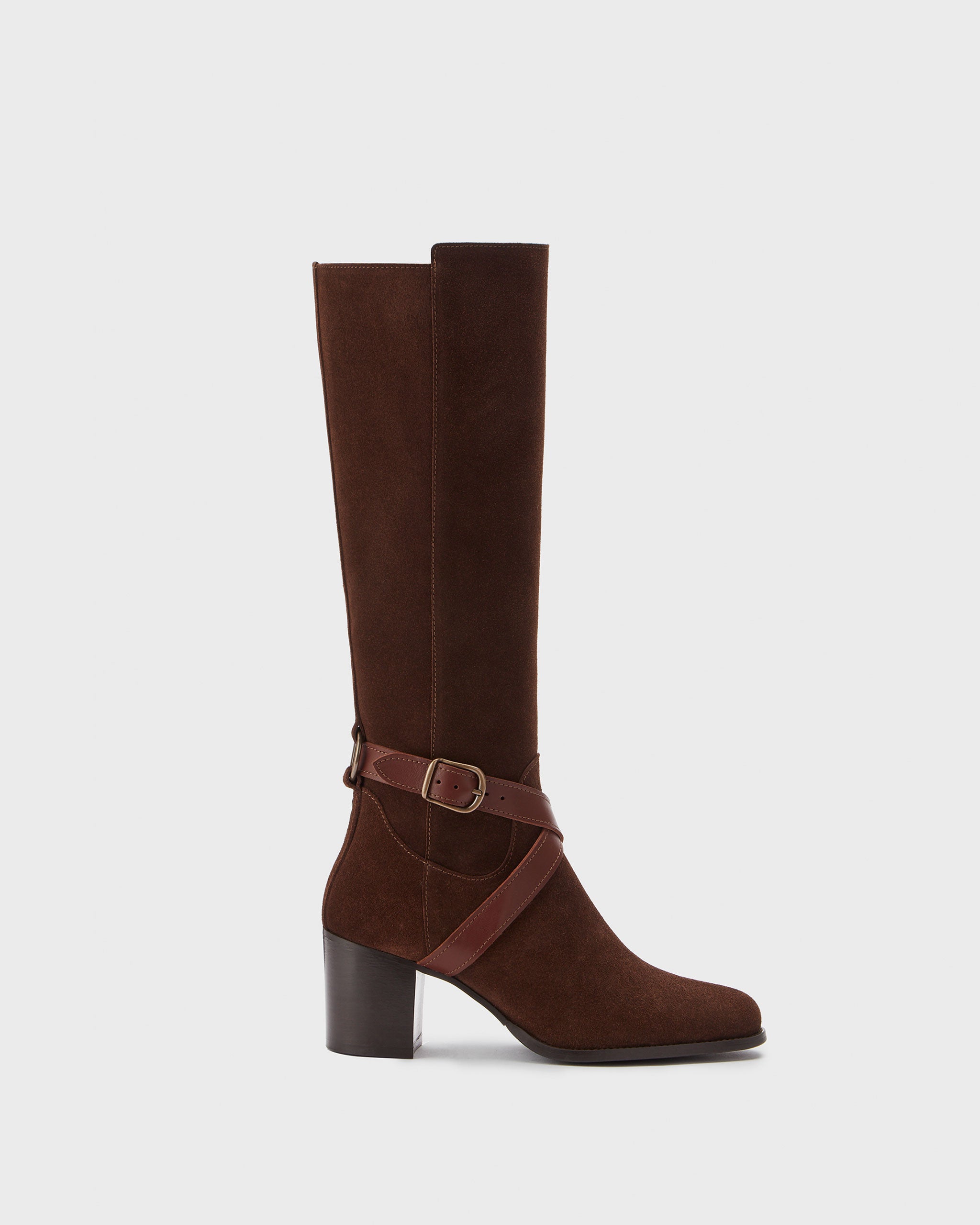 Easton Split Brown Suede Knee High Stacked Heel Boots With Slim Fit DuoBoots