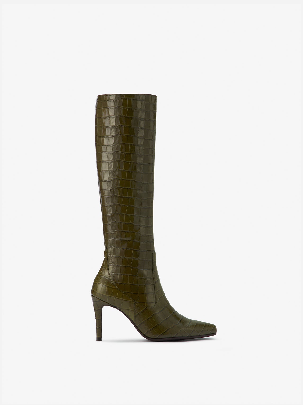 knee high croc heeled stiletto boots