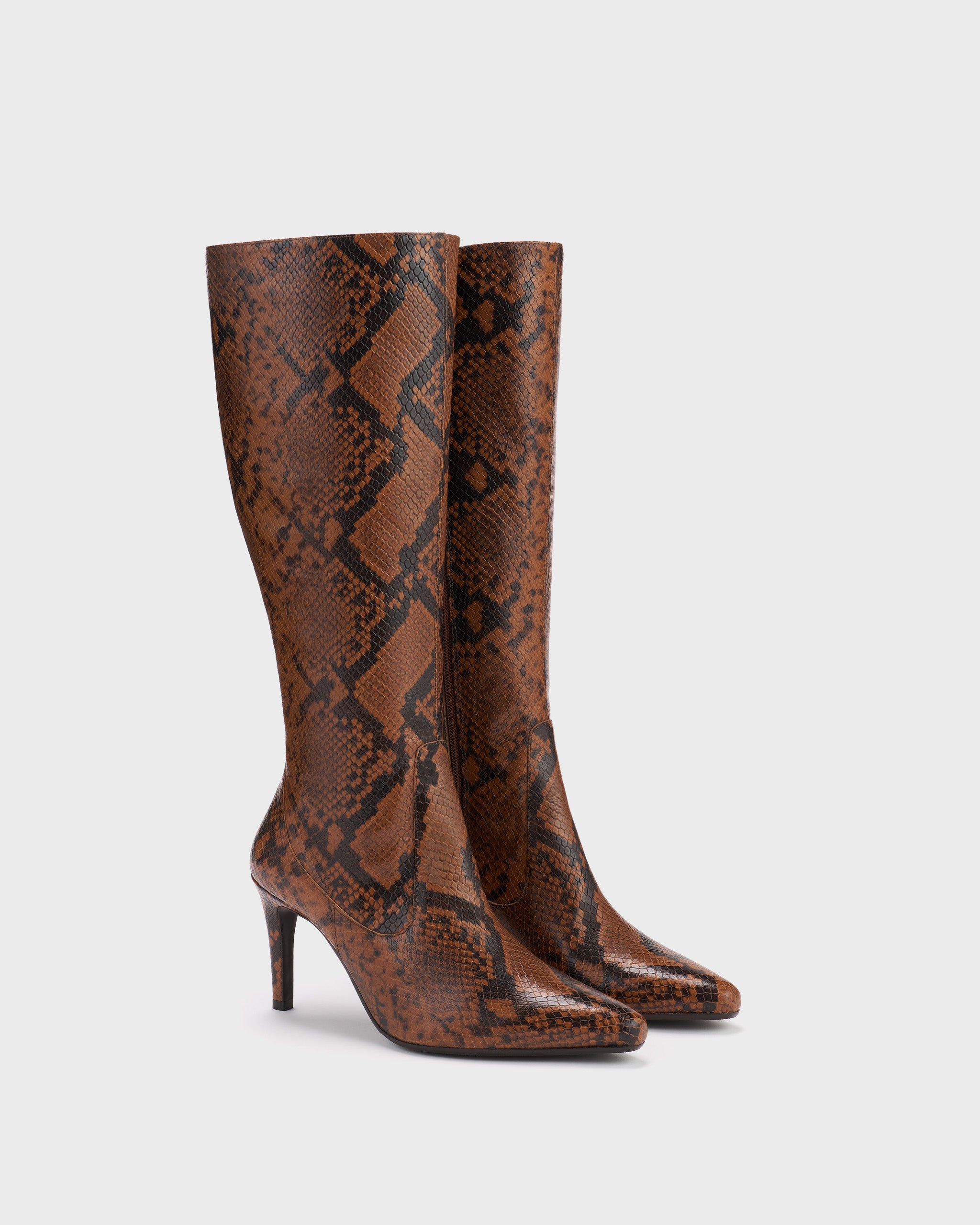Freya Caramel Snake-Printed Stiletto Knee-High Boots DuoBoots