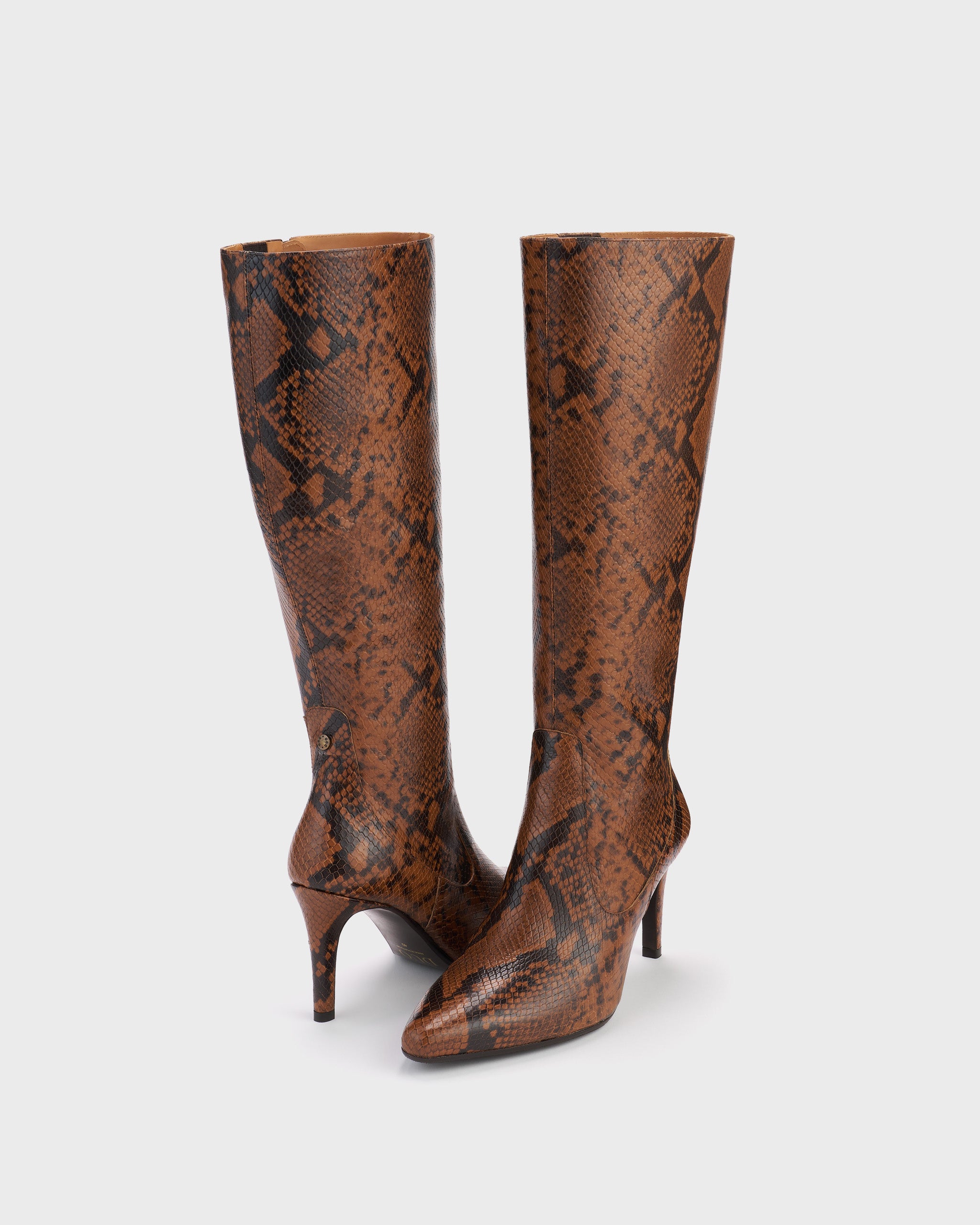 Freya Caramel Snake-Printed Stiletto Knee-High Boots DuoBoots