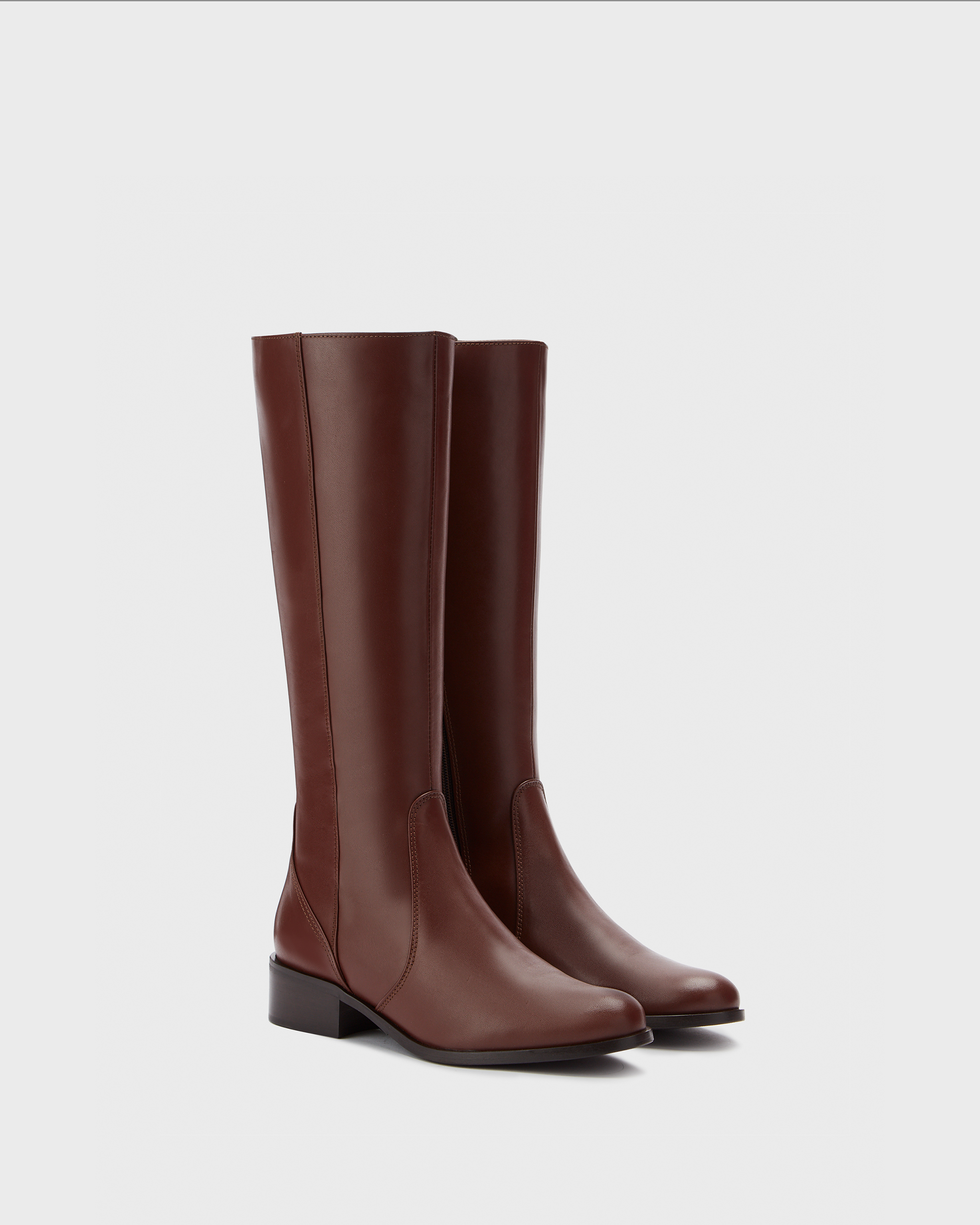 knee high brown leather flat boots