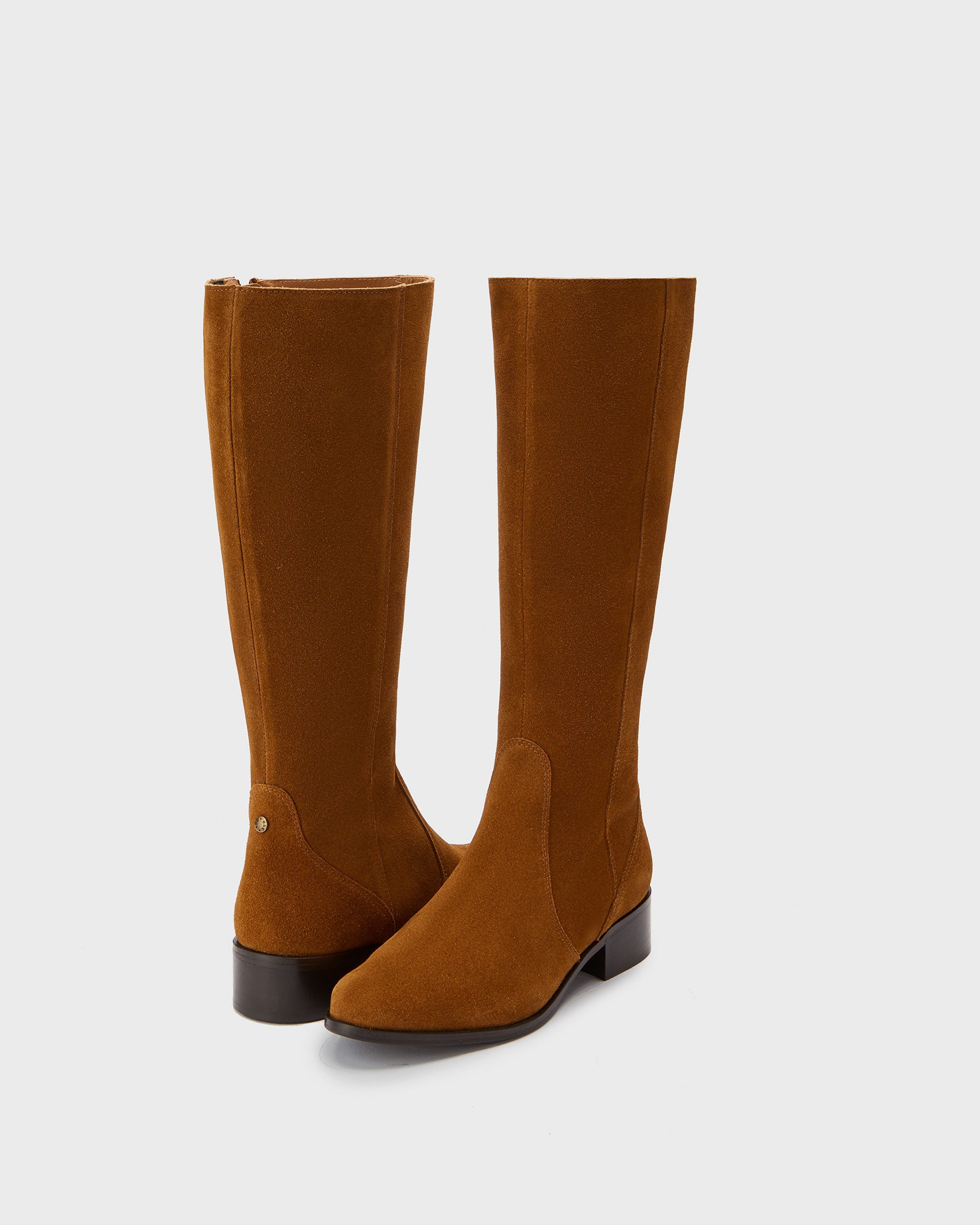 Haltham Petite Tan Suede Knee High Flat Boots With A Elasticated Stretch Panel 38cm Calf DuoBoots