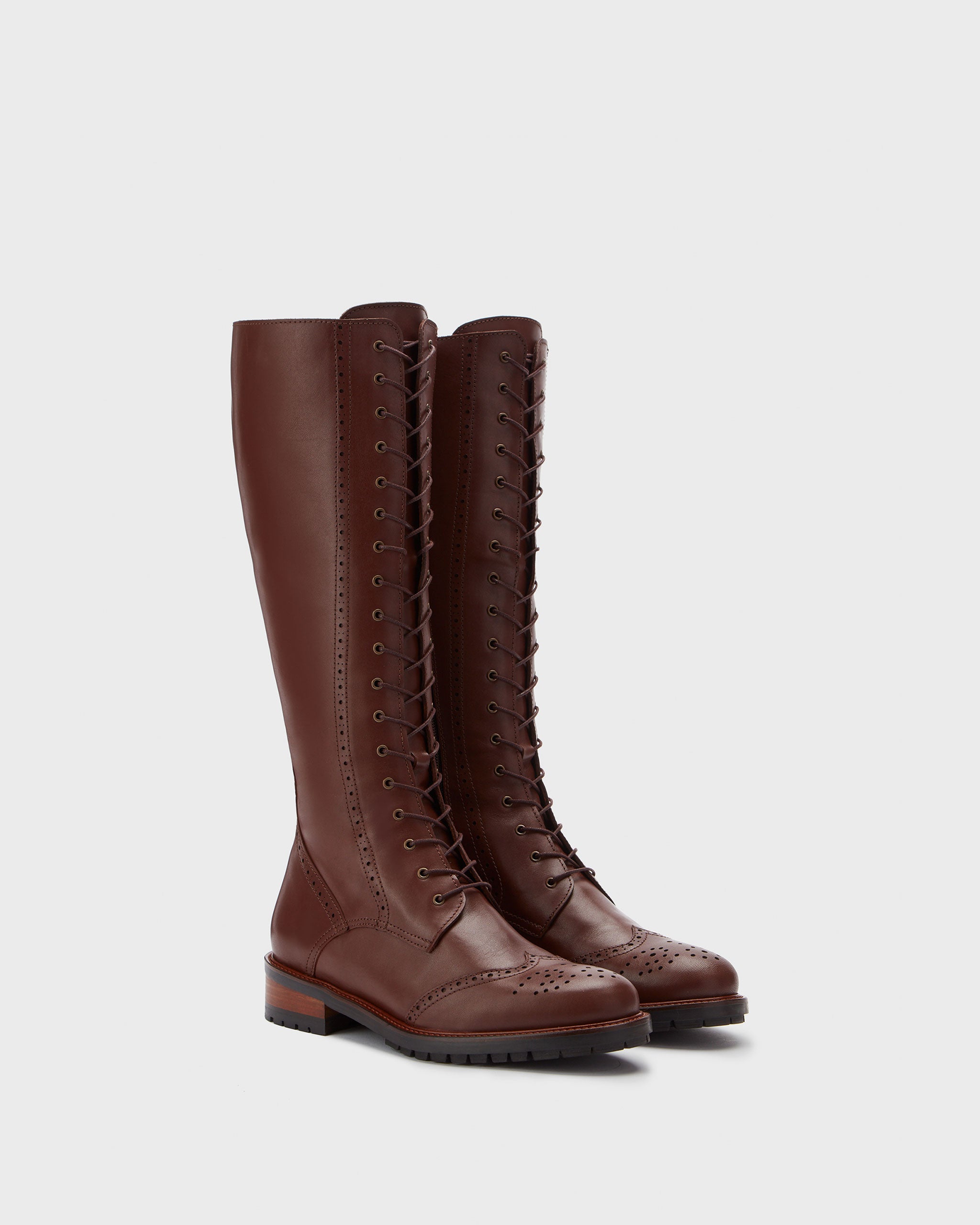 Marvel Brown Leather Flat Lace-Up Knee High Boots With Broguing Detail DuoBoots